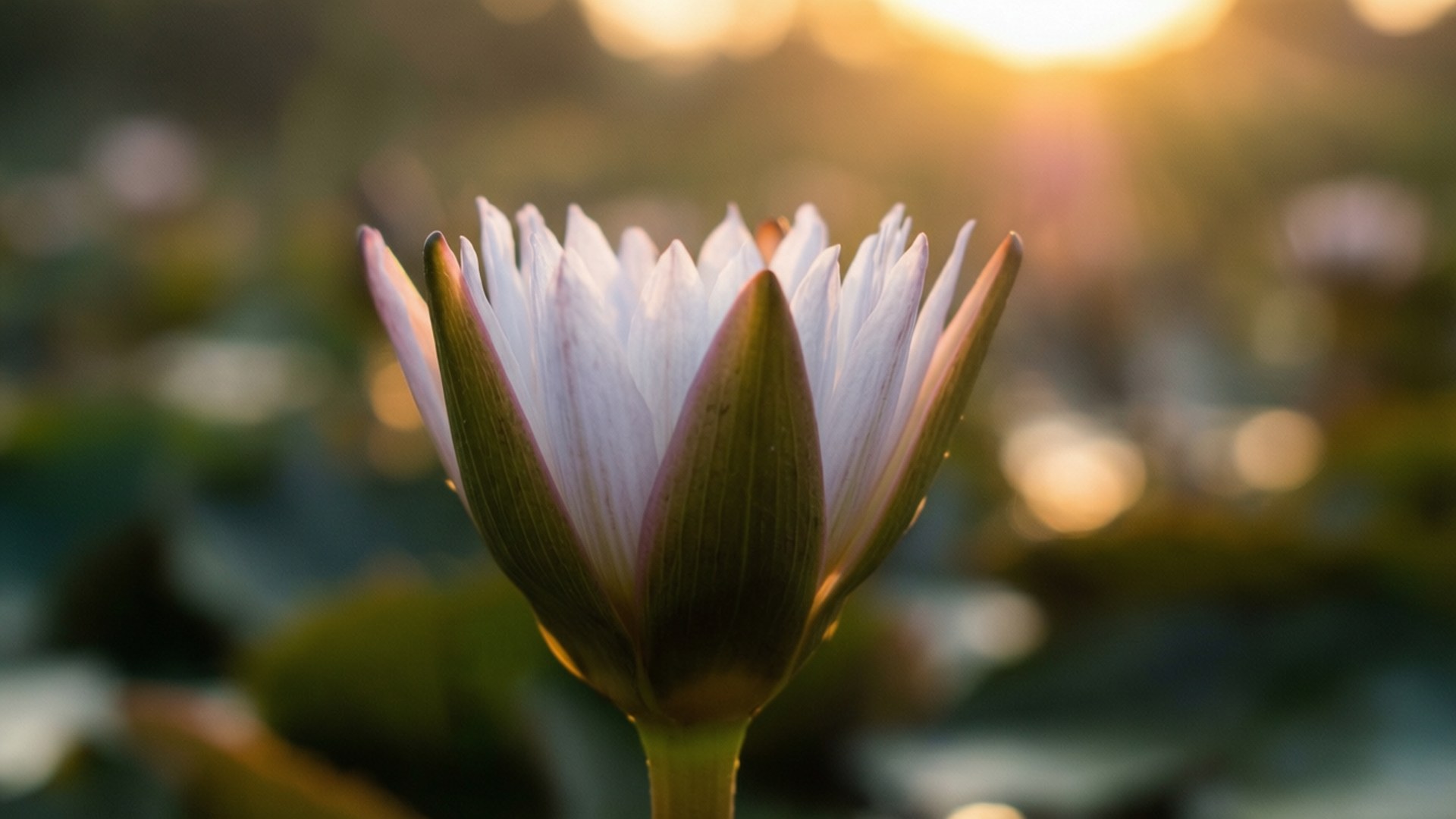 Sunrise Lily Bloom 壁紙 — 一朵白色睡蓮在日出時柔軟地綻放，金色光線透過花瓣，背景是模糊的綠色睡蓮葉。