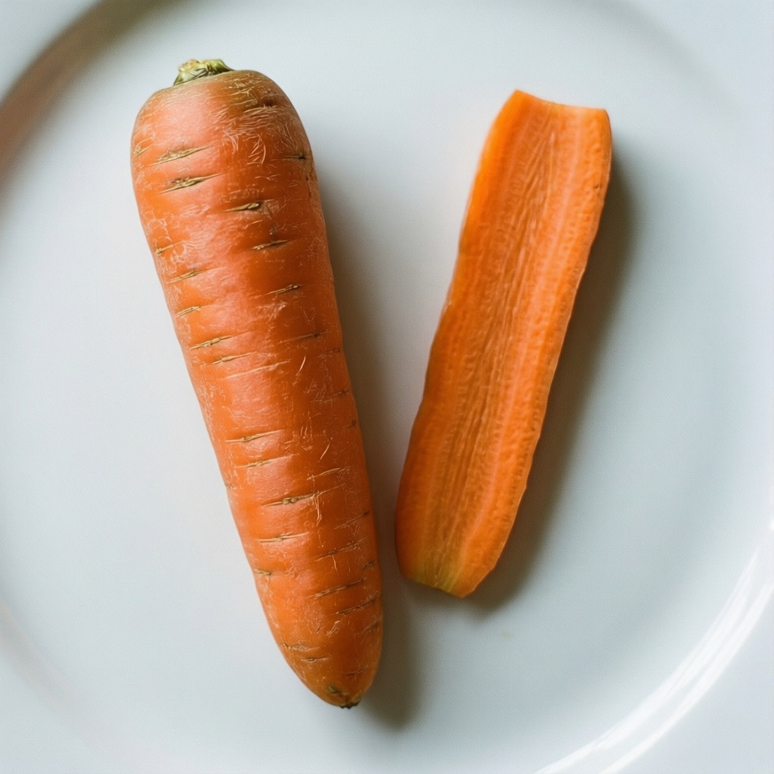 Peeled Carrot Top View 壁紙 — 一條完整的橙色胡蘿蔔及其去皮的一半，在柔和燈光下並排放在純白盤子上。