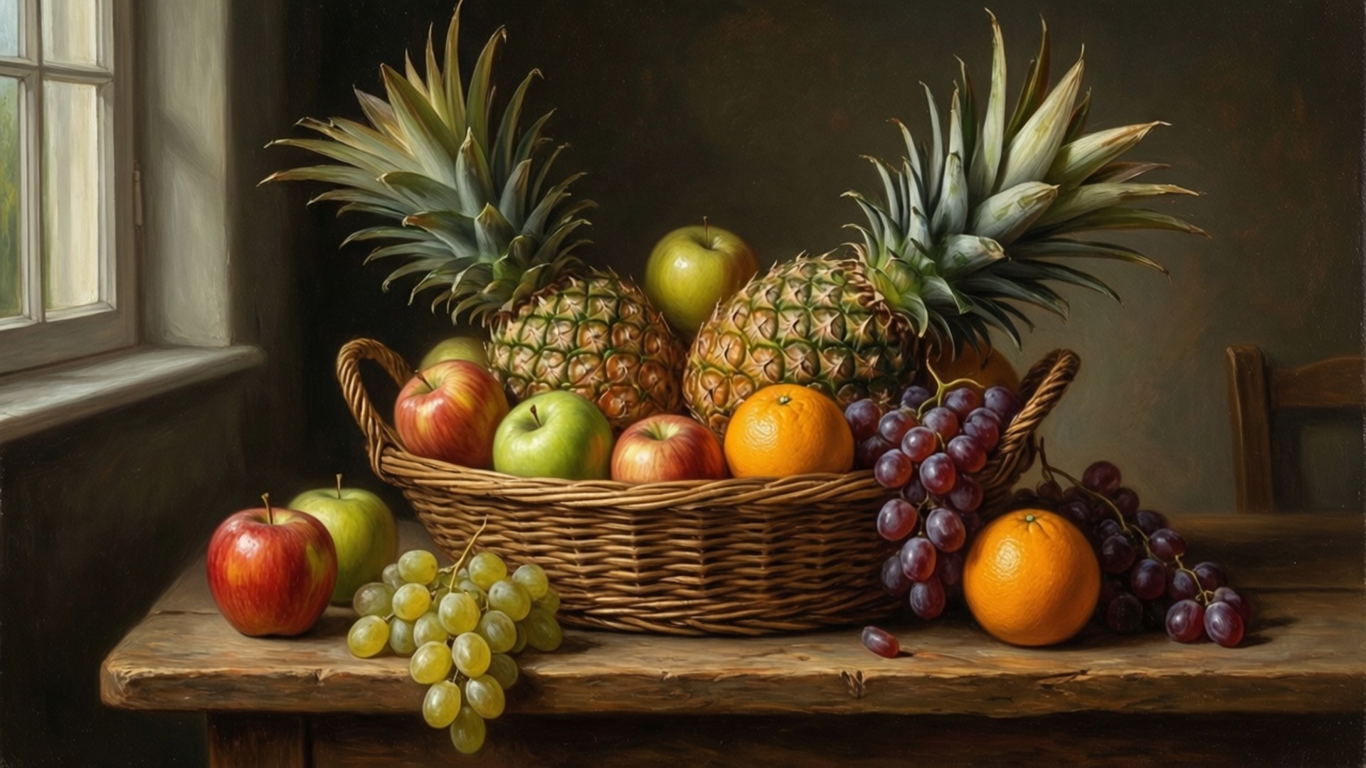 Pineapple Fruit Basket 壁紙 — 一個柳條籃子裝滿了鳳梨、蘋果、柳橙和葡萄，放在木桌上，旁邊是窗戶，投射出柔和的光線。