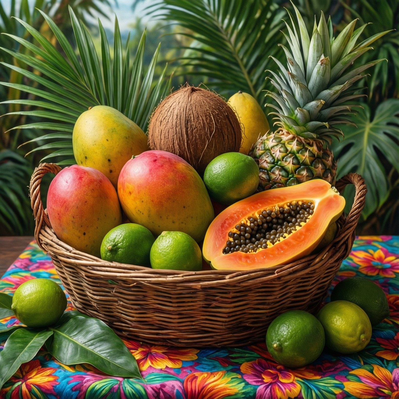 Caribbean American Heritage Month 桌布 壁紙 — 一個柳條籃子裝滿了鳳梨、木瓜和芒果等熱帶水果，放在鮮豔的花卉桌布上，背景是茂密的綠色棕櫚葉。