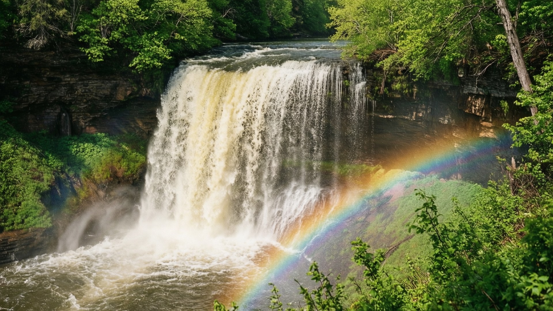 Minnehaha Falls Splendor 壁紙 — 寬闊的瀑布從長滿苔蘚的岩石上傾瀉而下，流入湍急的水潭，一道鮮豔的彩虹在霧氣中拱起，周圍是茂密的綠色森林。