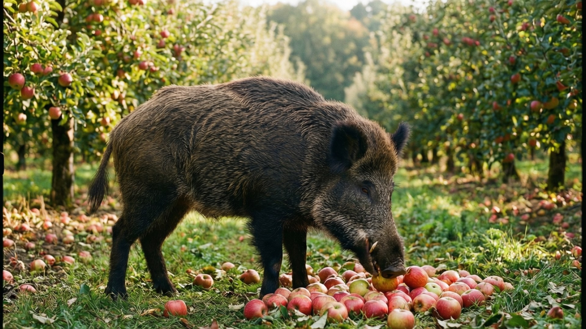Orchard Feast 壁紙 — 一頭野豬在陽光明媚的果園中，在成排的蘋果樹下，在掉落的紅蘋果間覓食。