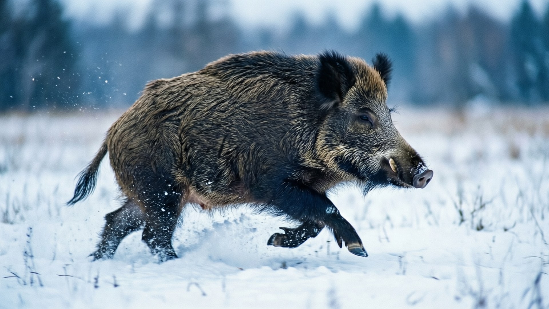 Snow Sprint Boar 壁紙 — 一頭野豬在雪地上奔跑，蹄子踢起雪花