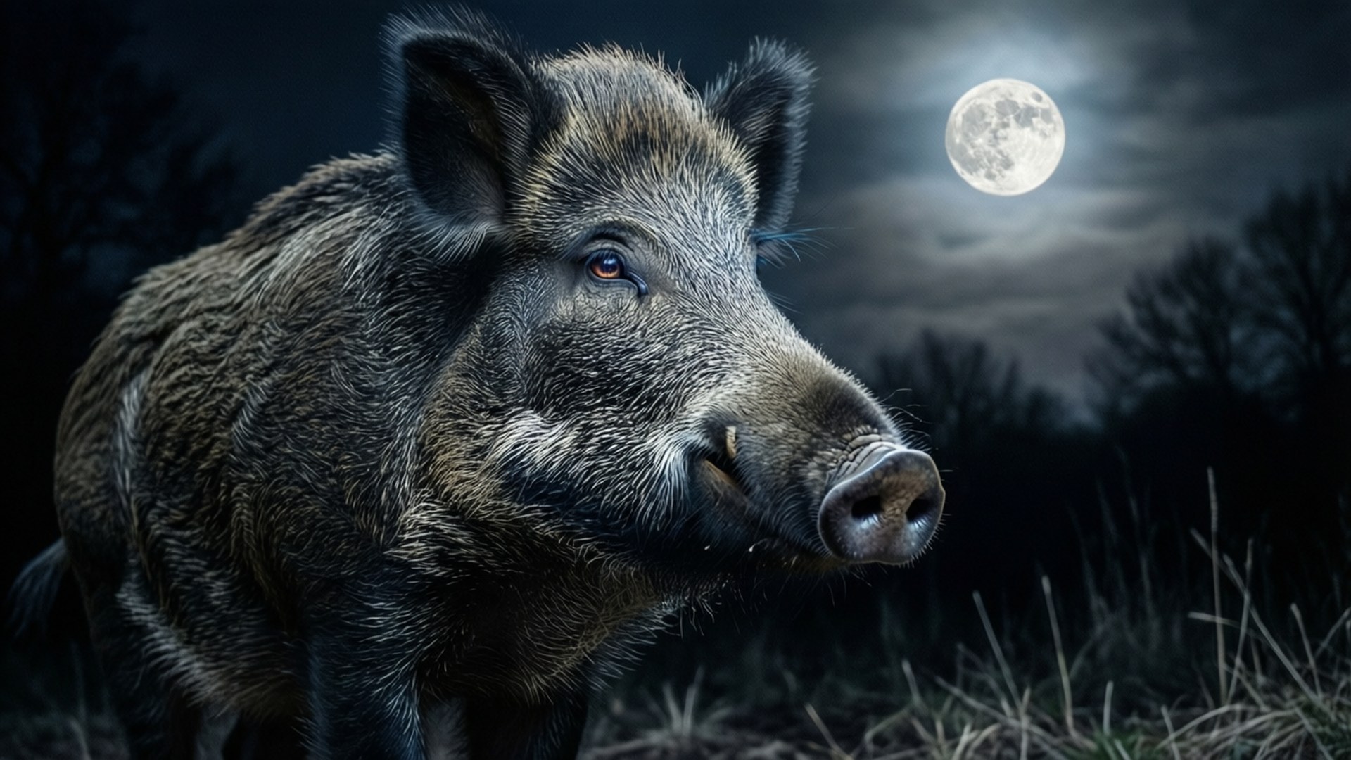Moonlit Boar 壁紙 — 一頭野豬在滿月下的黑暗森林中警覺地站立於夜晚。