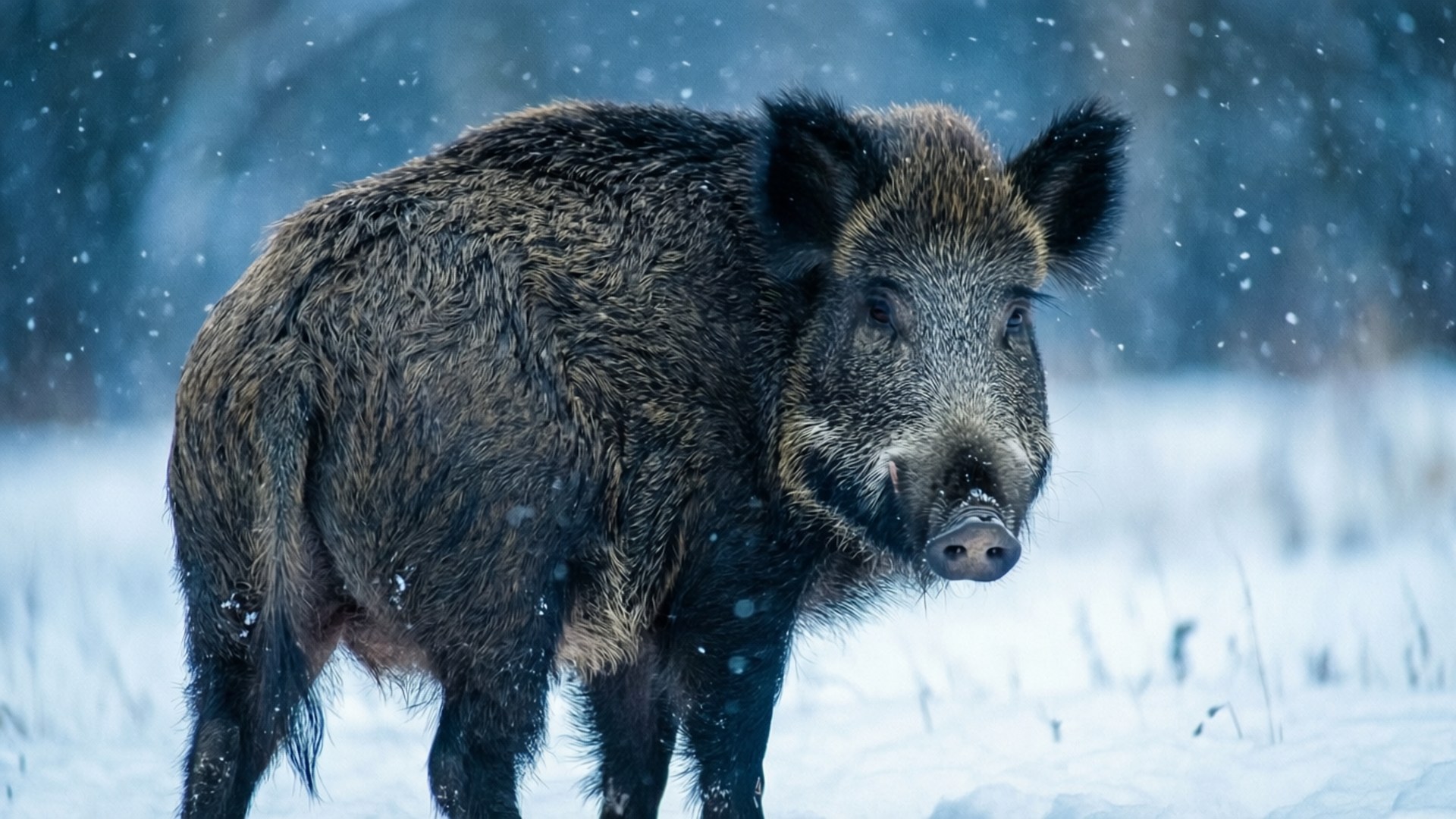 Snowfall Lookback Boar 壁紙 — 一頭野豬站在雪白的森林中，雪花飄落在牠深色的剛毛上。