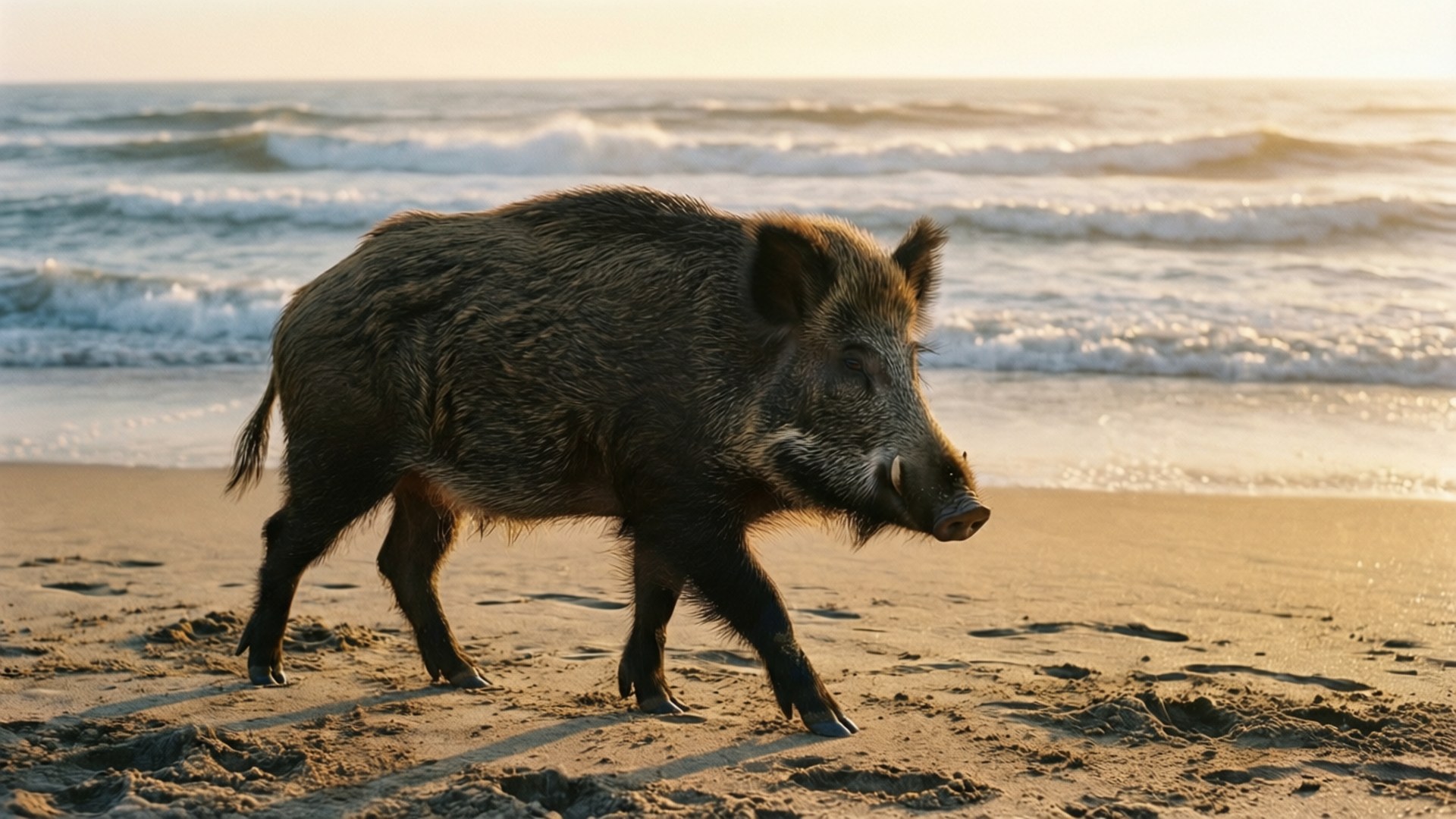 Beach Walk at Dawn 壁紙 — 一頭野豬，毛色粗糙深色，獠牙突出，沿著陽光明媚的沙灘行走，身後有溫柔的海浪翻滾而來。
