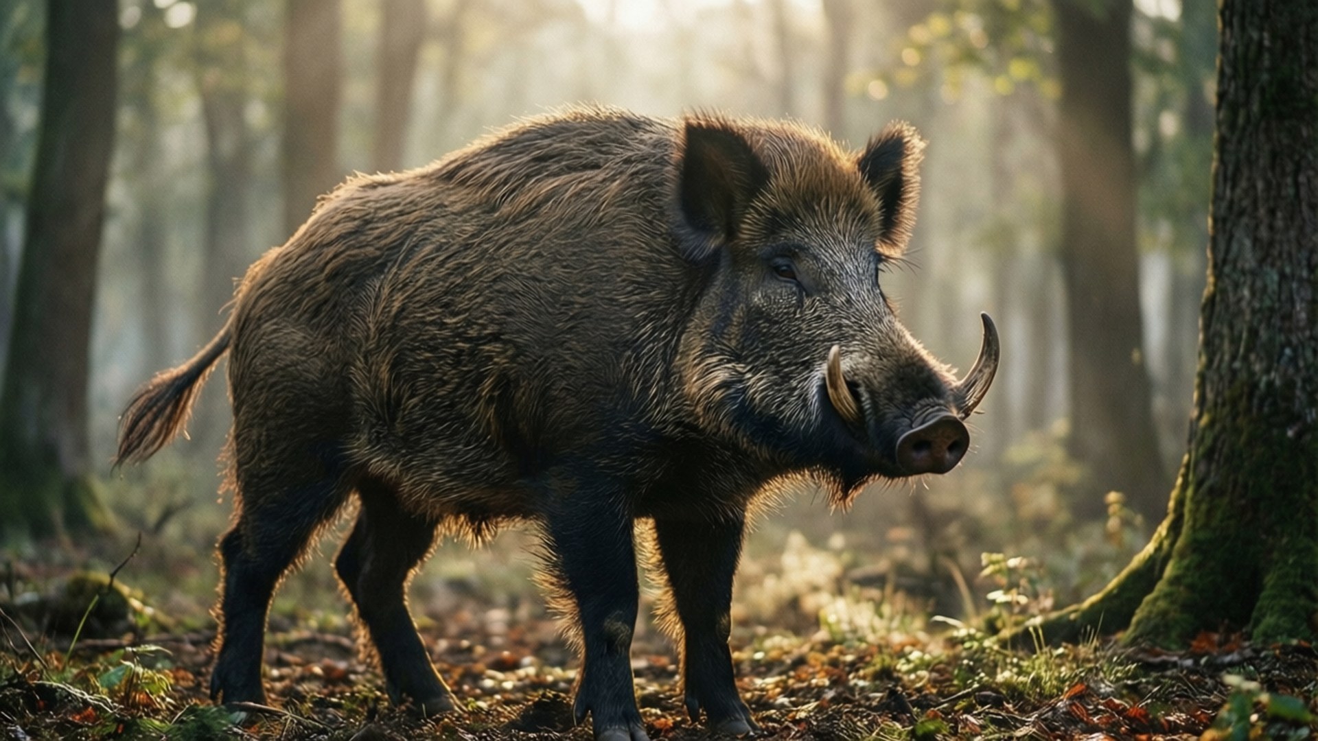 Misty Forest Boar 壁紙 — 一頭擁有粗糙棕色皮毛和彎曲獠牙的野豬，在沐浴著金色晨光的迷霧森林中警覺地站立。