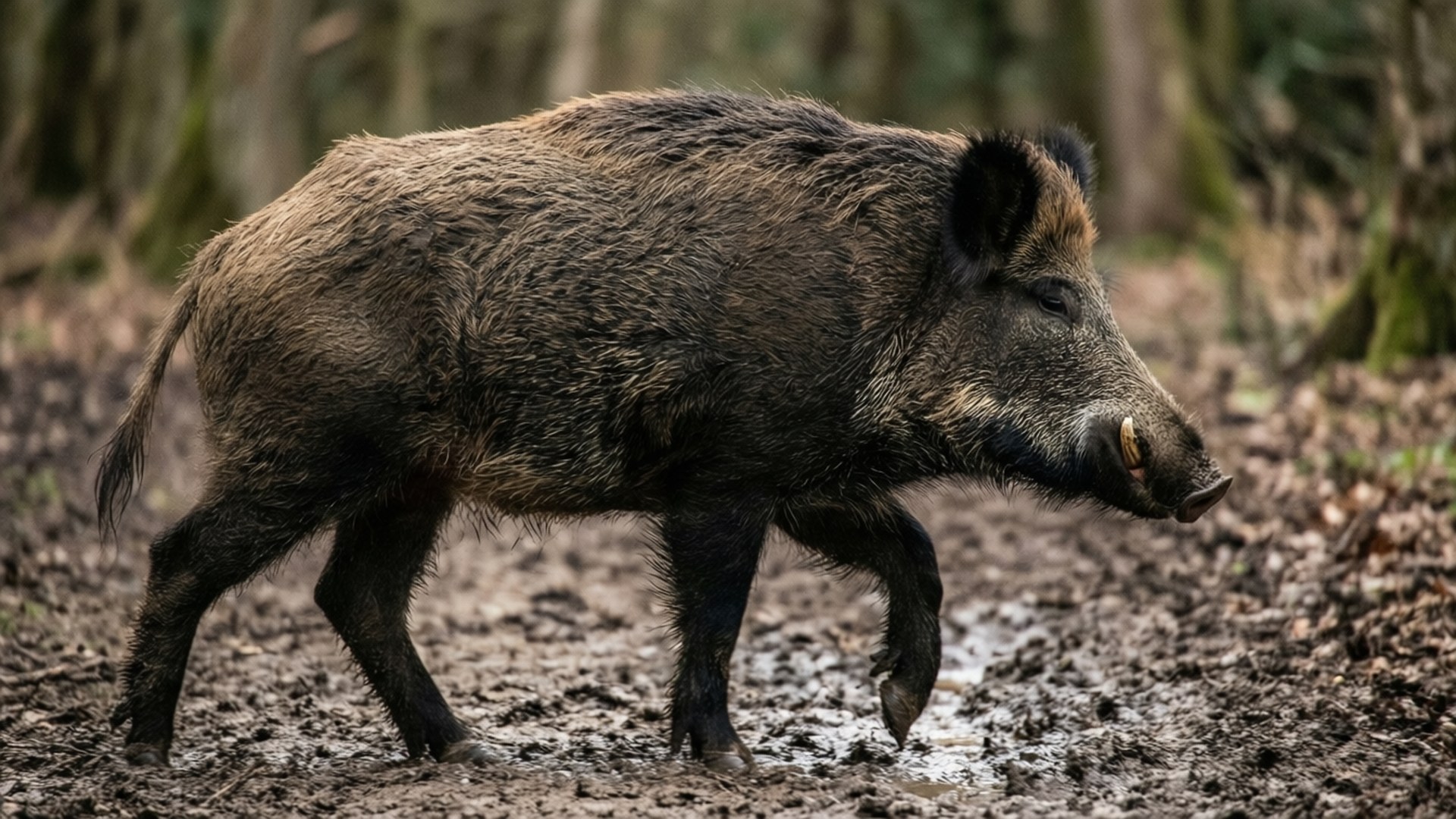 Woodland Path Boar 壁紙 — 一頭擁有粗糙深色皮毛和突出獠牙的野豬大步走過泥濘的森林地面。