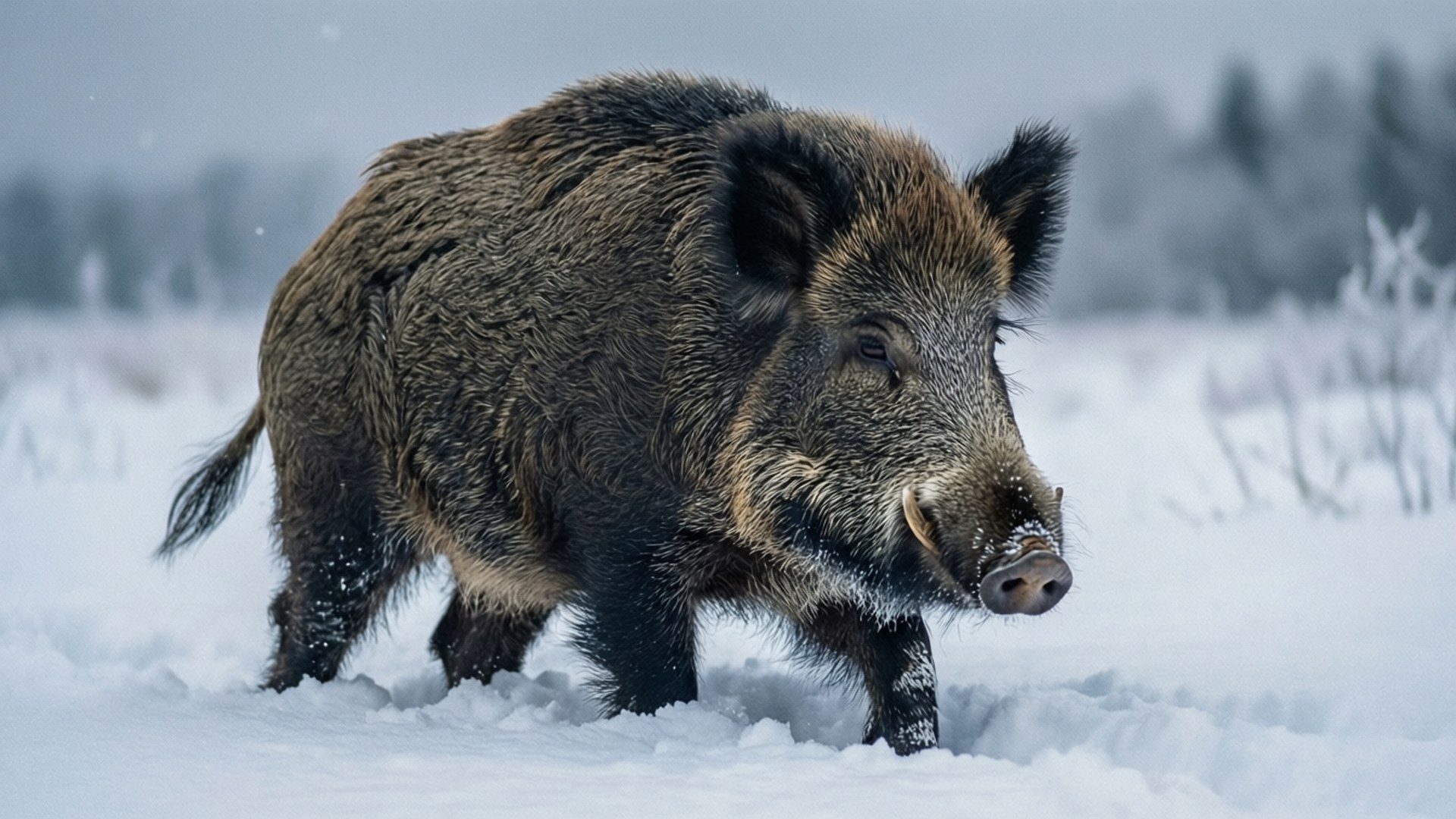 Snowy Boar Trek 壁紙 — 一頭粗黑毛的野豬在冬季森林空地的深雪中艱難前行。