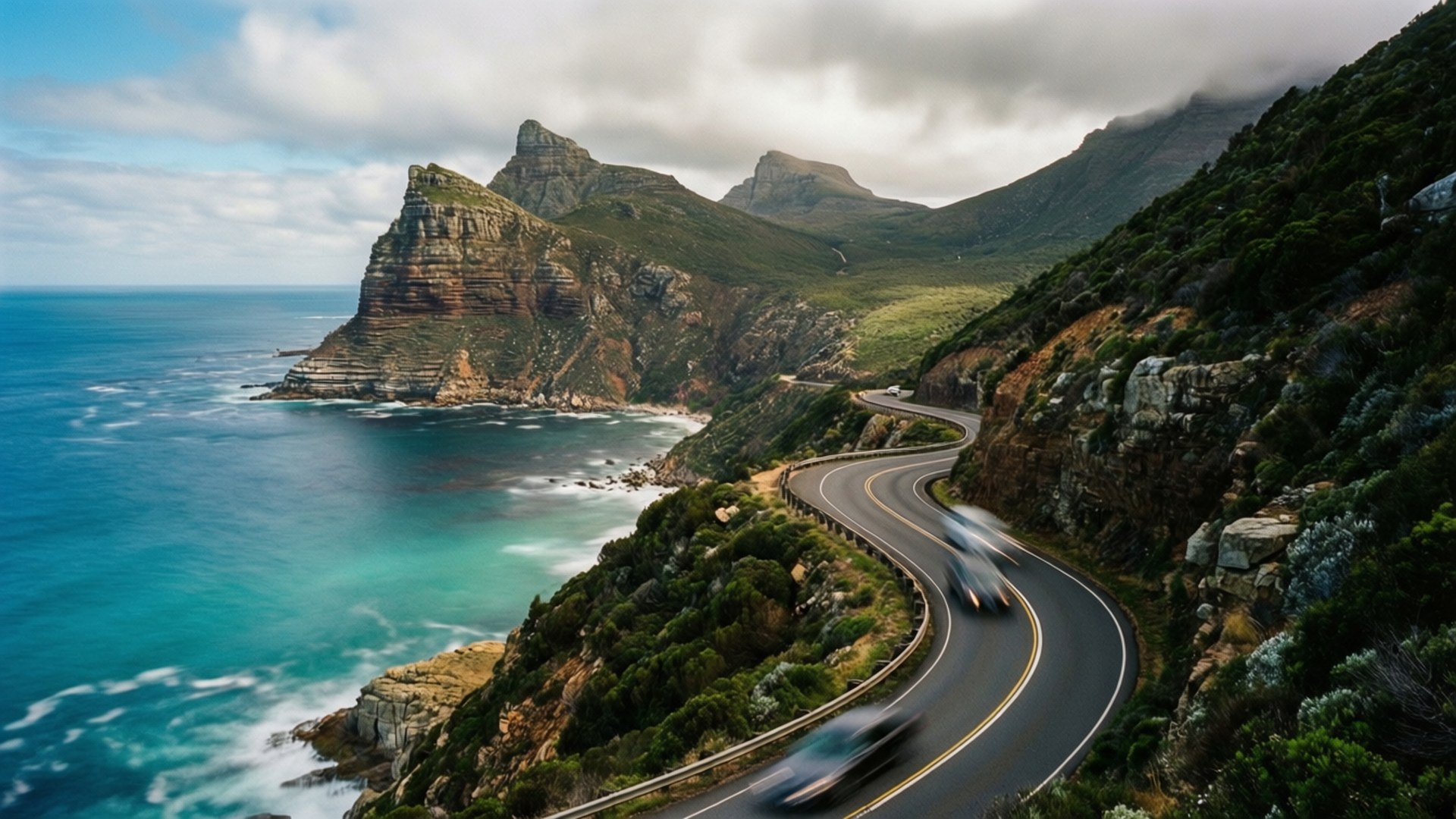 Chapman's Peak Curve 壁紙 — 一條蜿蜒的海岸公路緊貼著陡峭的懸崖，俯瞰著在陰天天空下撞擊岩石海岸的碧綠海浪。
