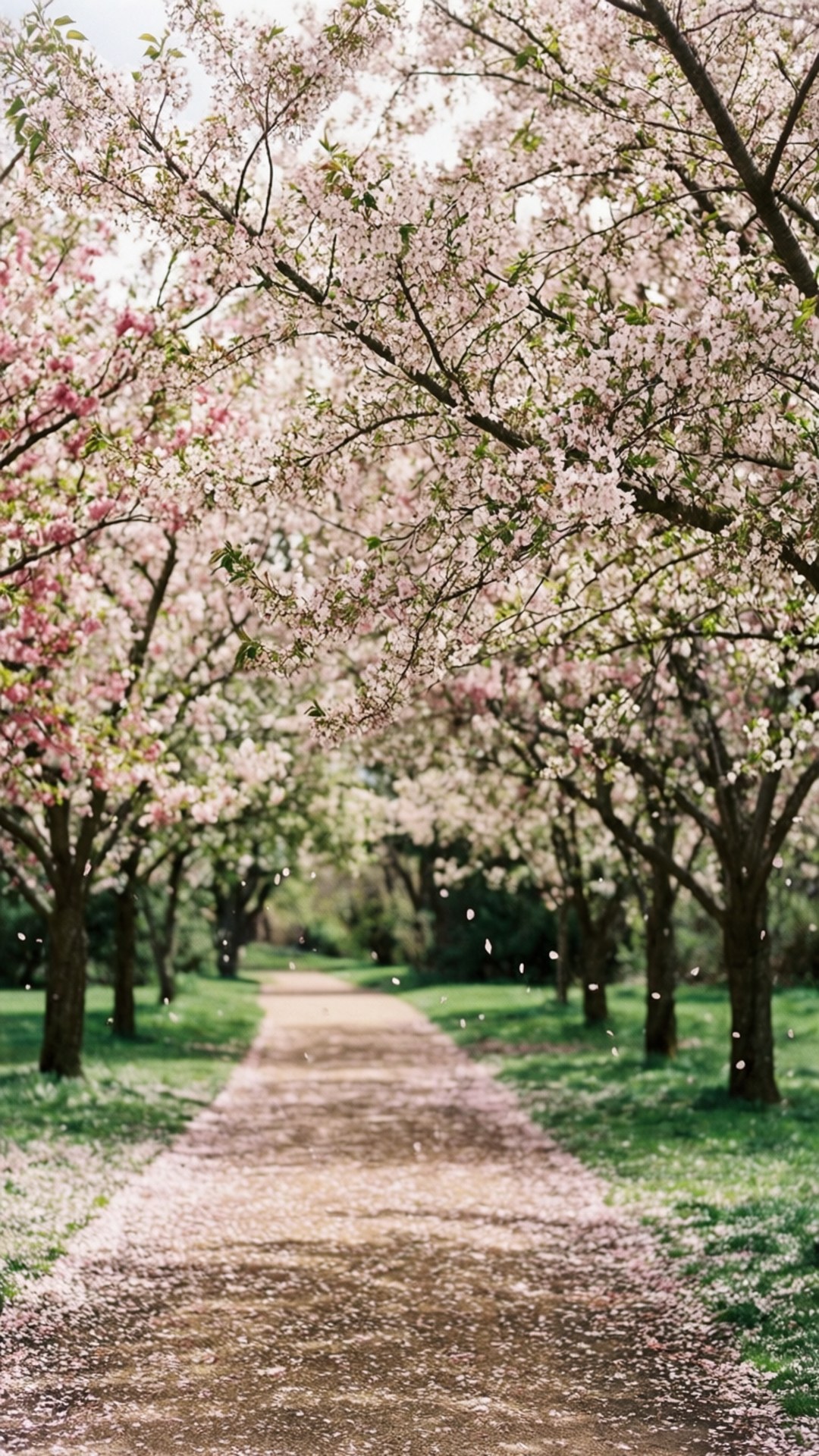 Parklands Cherry Blossom 壁紙 — 一條蜿蜒的泥土小徑兩旁種滿盛開的櫻花樹，柔和的粉紅色花瓣灑落在陽光普照的綠色草坪上。