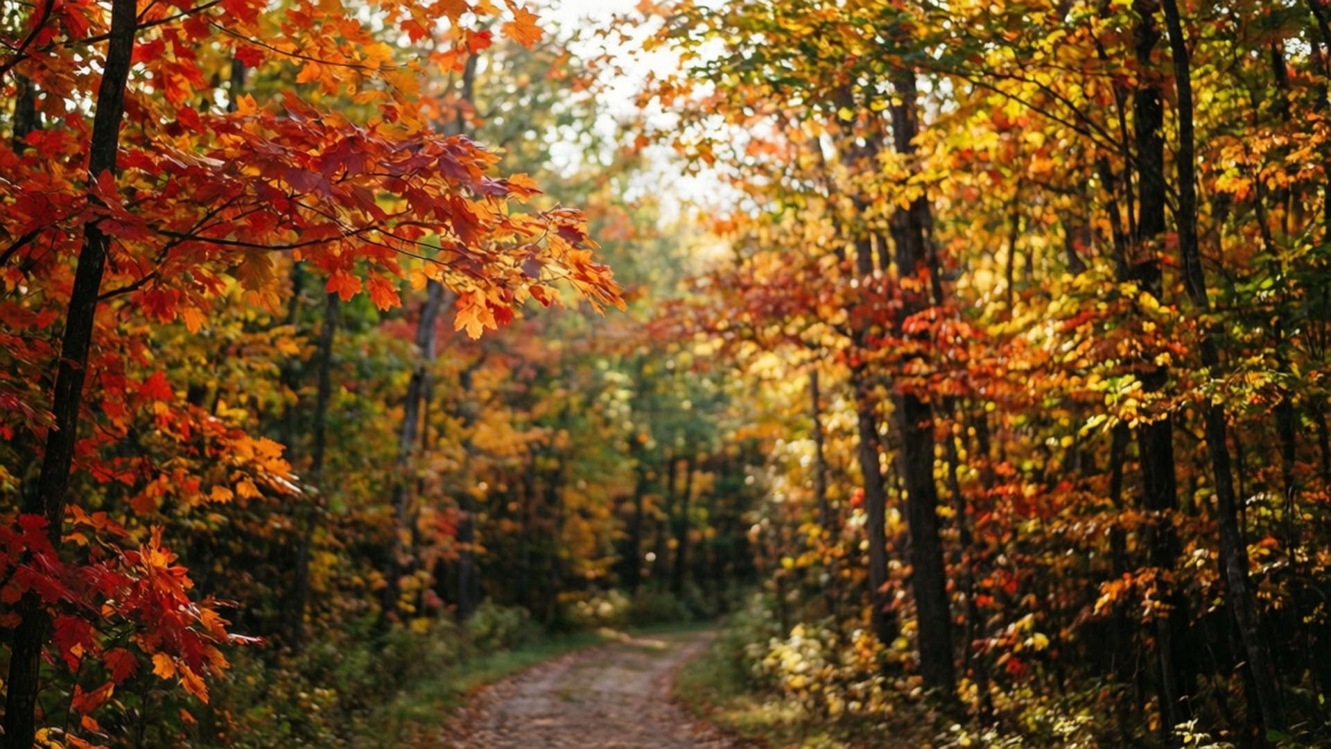 Algonquin Autumn Colors 壁紙 — 一條蜿蜒的泥土小徑穿過茂密的森林，森林中佈滿火紅、橙色和金黃色的秋葉。
