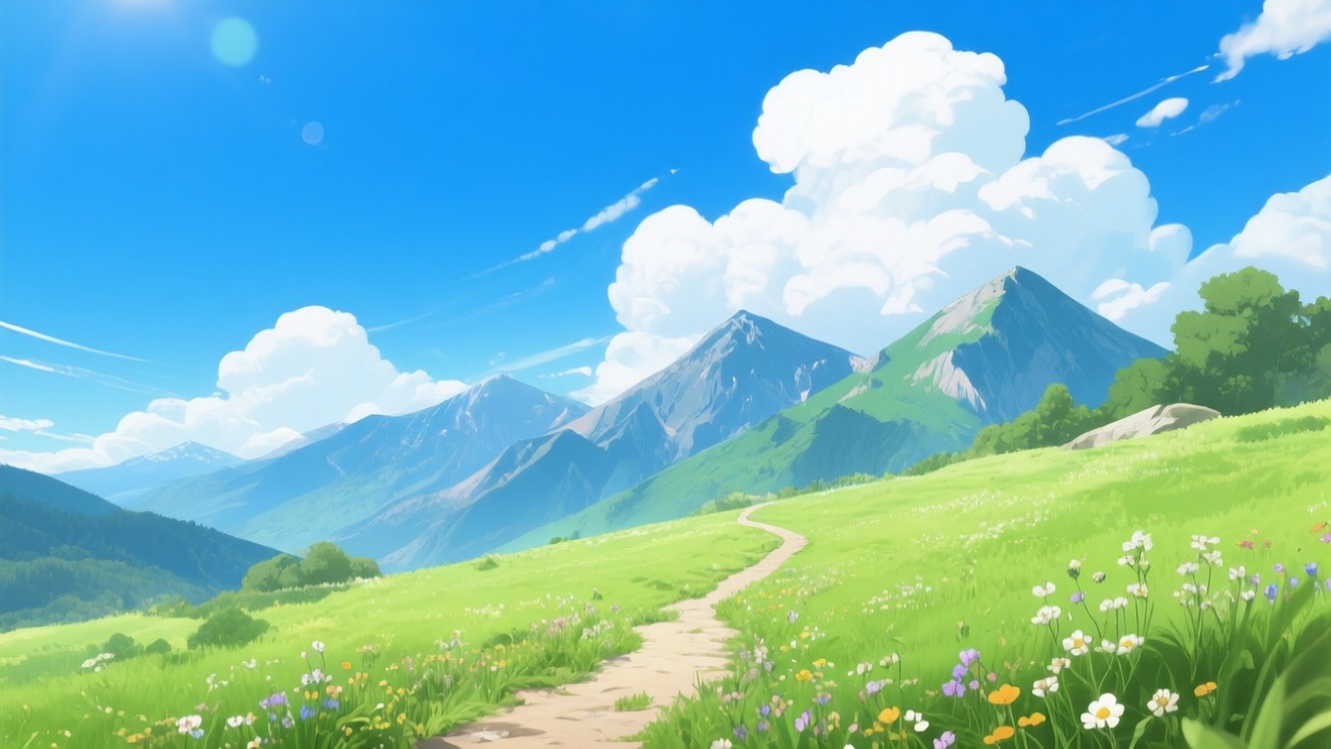 Mountain Meadow Path 壁紙 — 一條蜿蜒的泥土小徑穿過充滿活力的綠色草地，點綴著野花，通向遠處白雪覆蓋的山脈，在明亮的藍天下有蓬鬆的白雲。