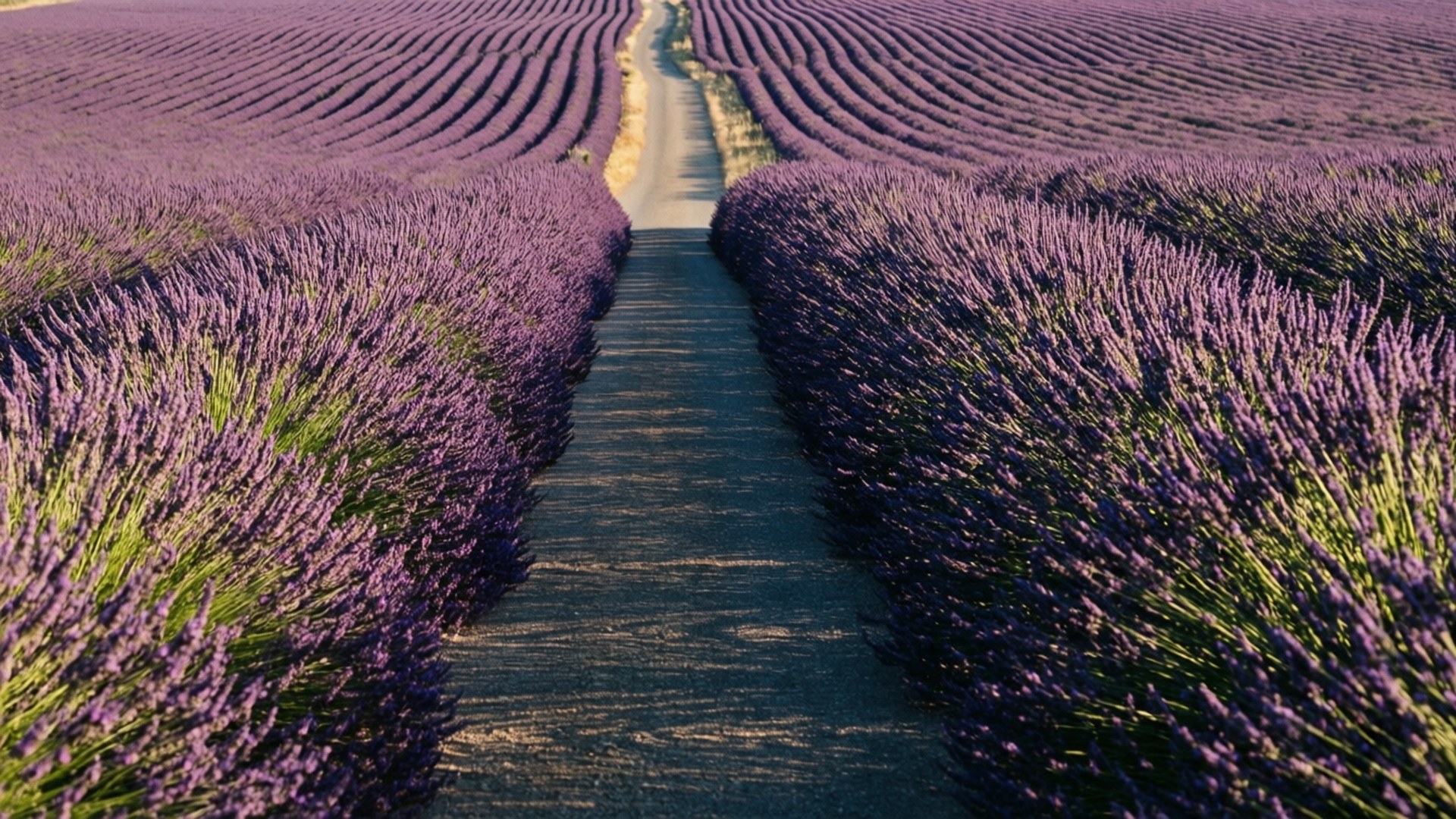 Lavender Path 壁紙 — 一條蜿蜒的泥土小徑穿過無盡的鮮豔紫色薰衣草田，在明亮的陽光下。