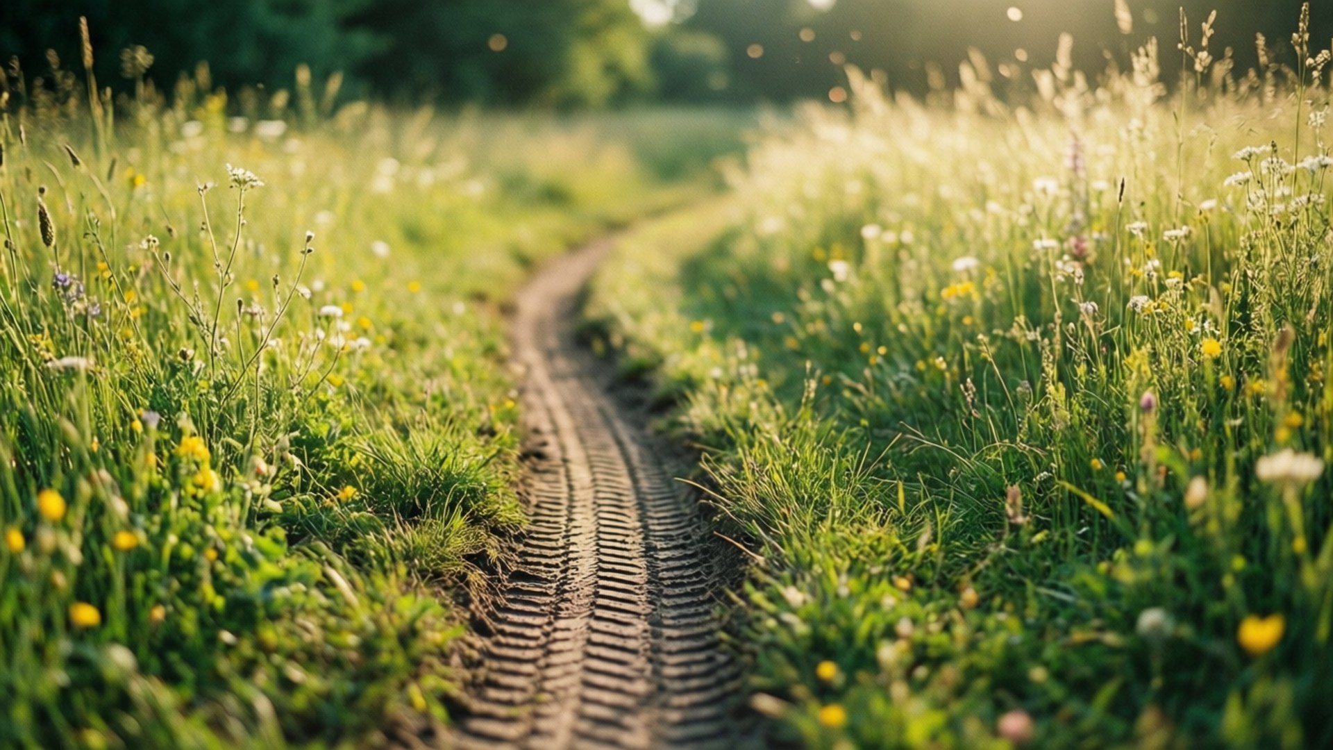 一條帶有輪胎痕跡的泥土小徑蜿蜒穿過陽光明媚、開滿野花的草地。