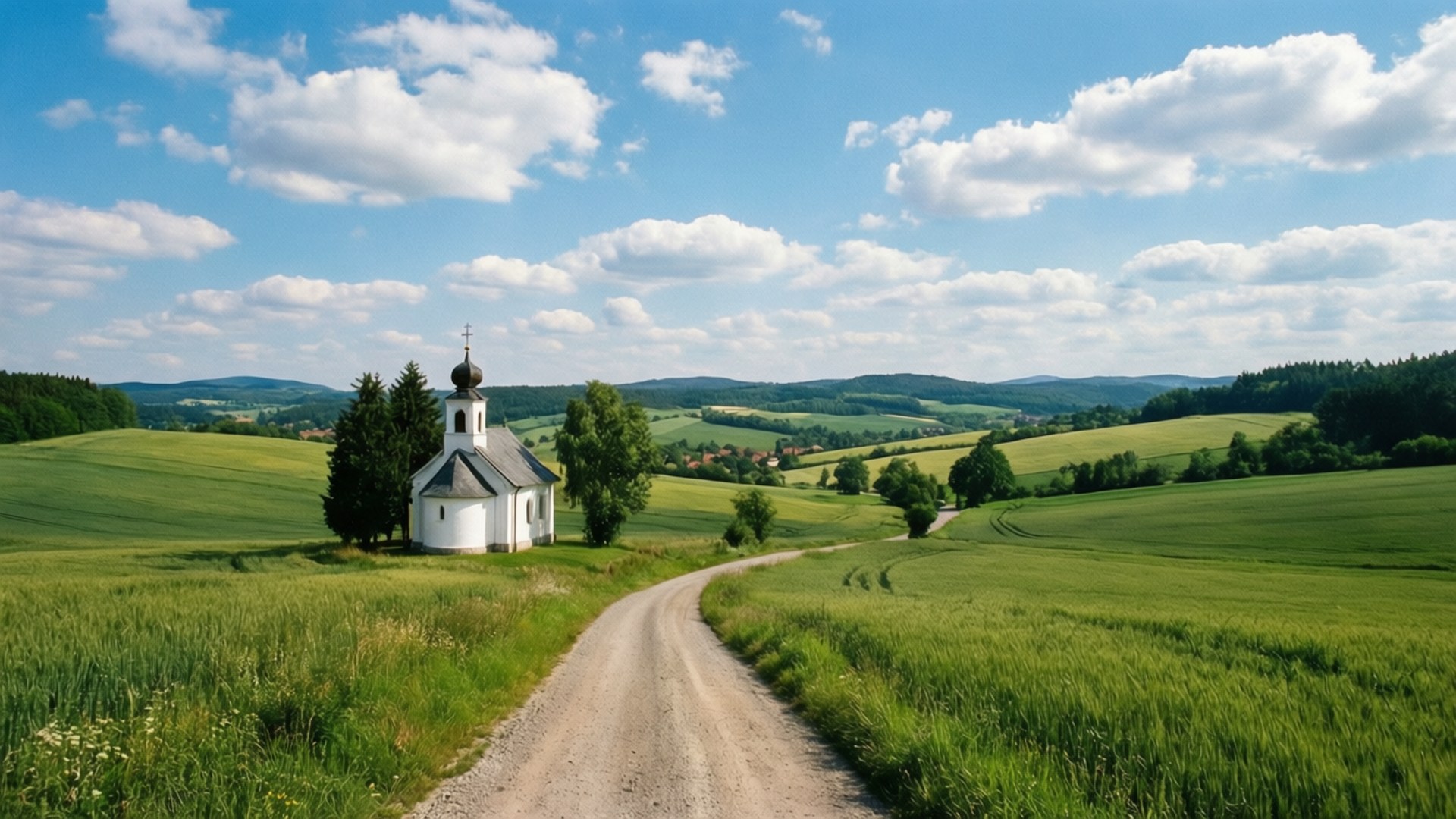 Czech Countryside Church 壁紙 — 一條蜿蜒的泥土路通向一座白色的小教堂，教堂有深色圓頂，坐落在生機勃勃的綠色起伏山丘中，上方是明亮的藍天和蓬鬆的白雲。