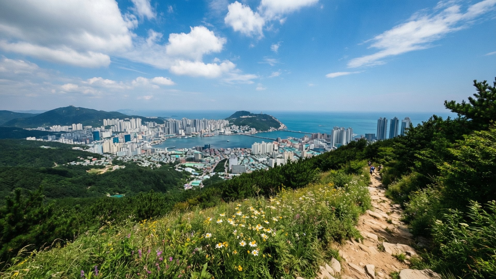 Jangsan Mountain View 壁紙 — 一條蜿蜒的泥土小徑穿過野花，通往一個全景視野，俯瞰著坐落在綠色山丘和藍色海洋之間的沿海城市，天空部分多雲。