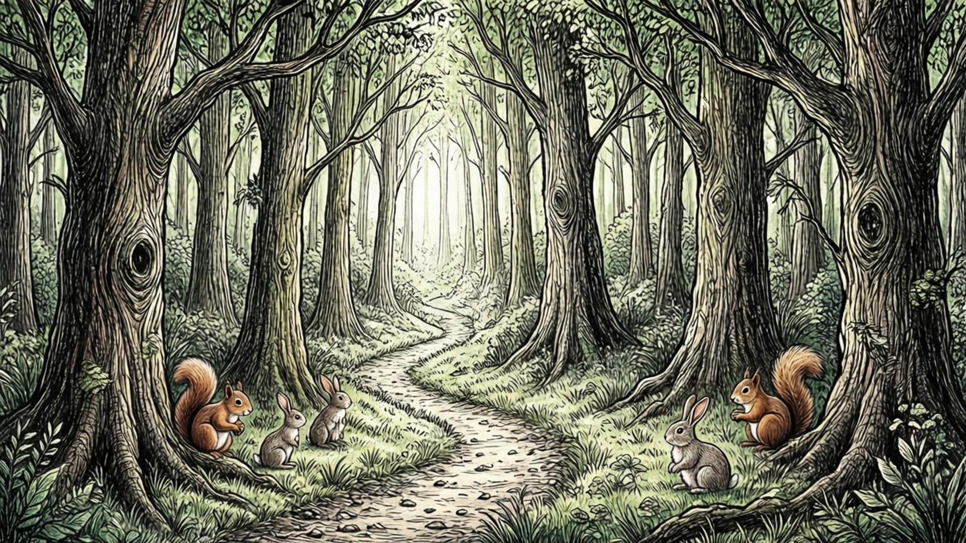 Enchanted Doodle Forest 壁紙 — 一條蜿蜒的森林小徑，兩旁是古老的樹木和小動物，包括松鼠和兔子。