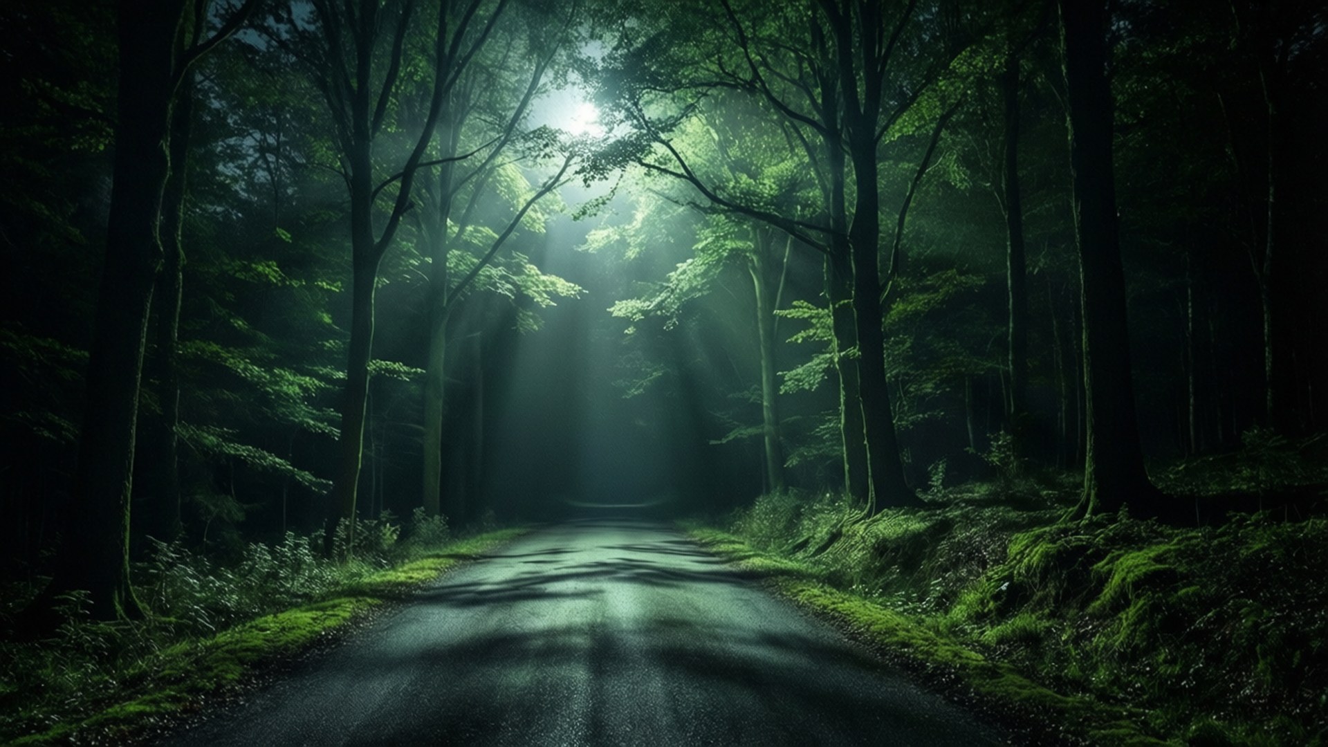Moonlit Forest Road 壁紙 — 一條蜿蜒的森林道路沐浴在透過高聳樹木過濾的夢幻綠光中。