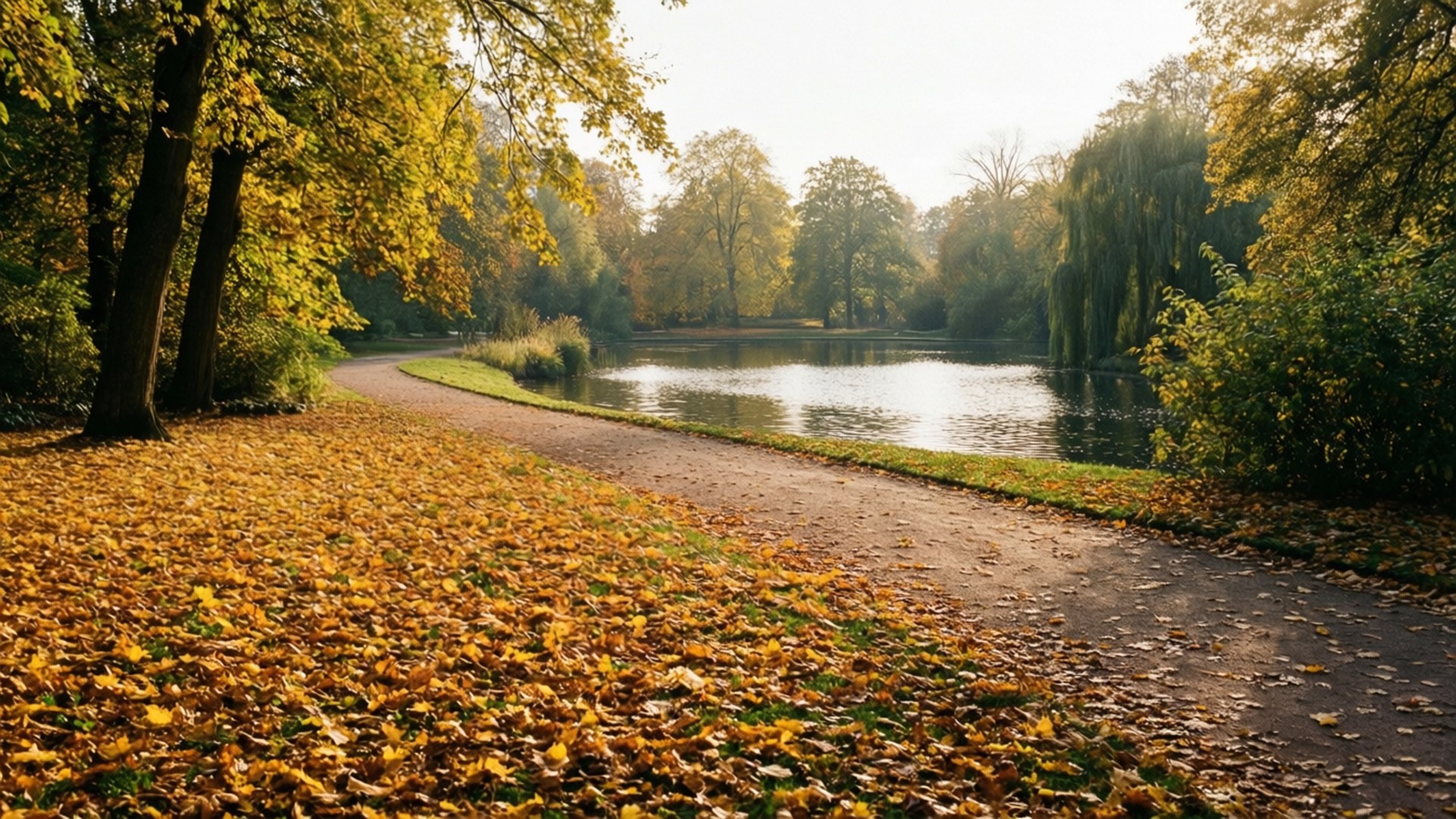 Tiergarten Autumn 壁紙 — 一條蜿蜒的小徑覆蓋著金色的秋葉，在平靜的湖邊彎曲，周圍環繞著黃色和綠色樹葉的樹木。