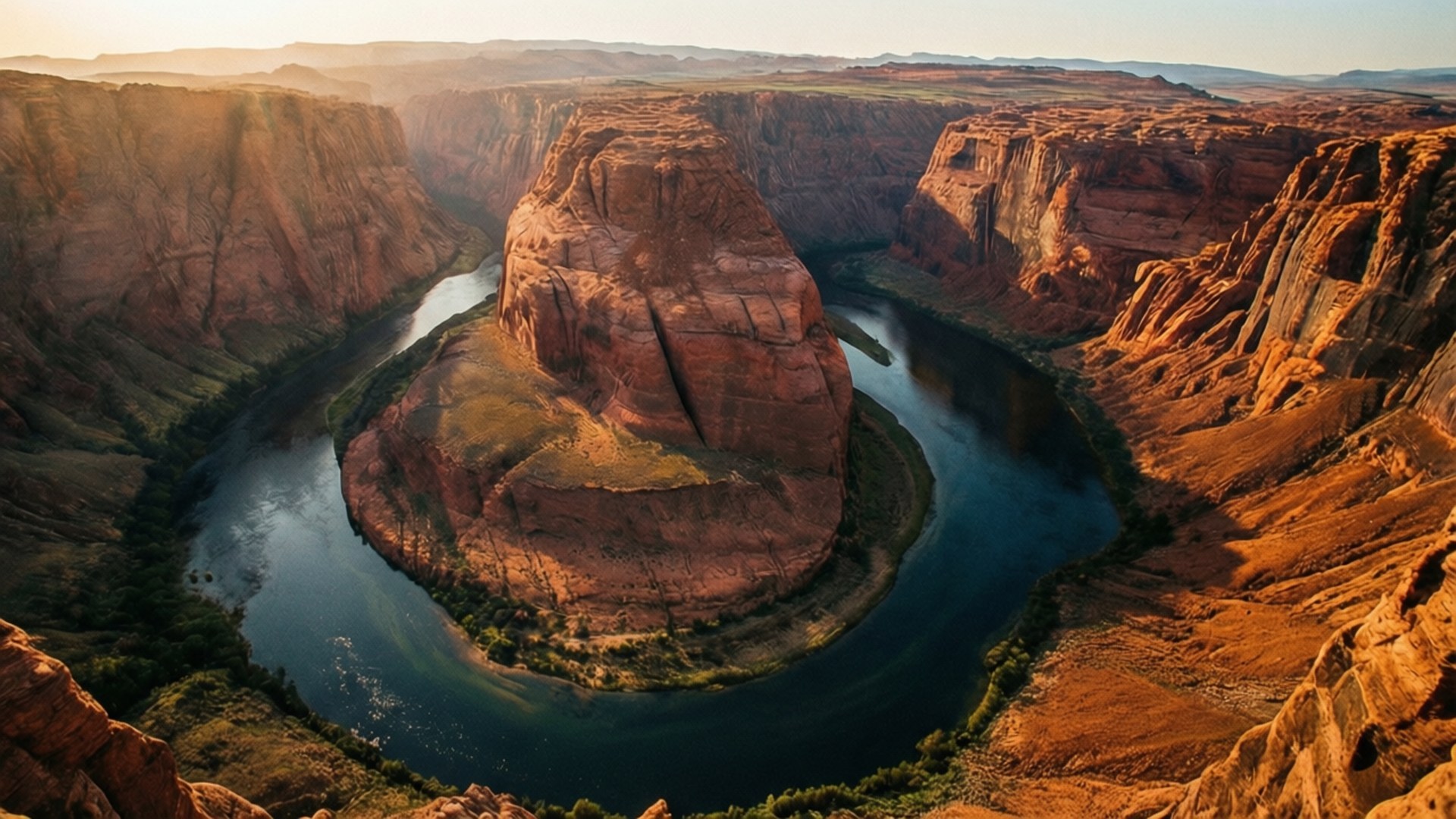 River Through Red Canyon 壁紙 — 一條蜿蜒的河流在廣闊的沙漠峽谷中，於黃金時段在巨大的紅色岩層周圍刻出一條深藍色的路徑。