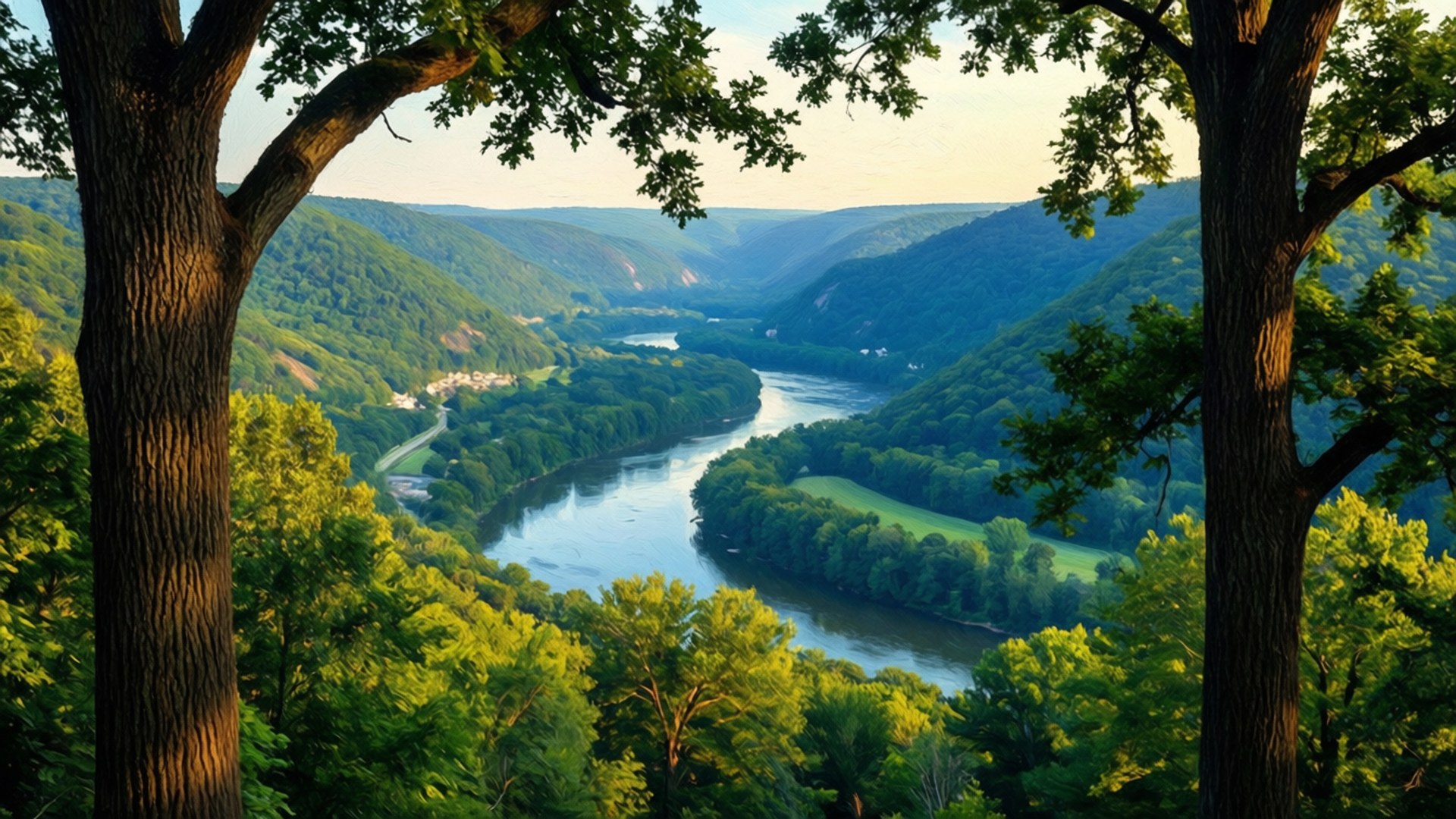Shenandoah Valley Serenity 壁紙 — 一條蜿蜒的河流流經鬱鬱蔥蔥的綠色山谷，兩旁是高聳的樹木，上方是柔和的金色天空。