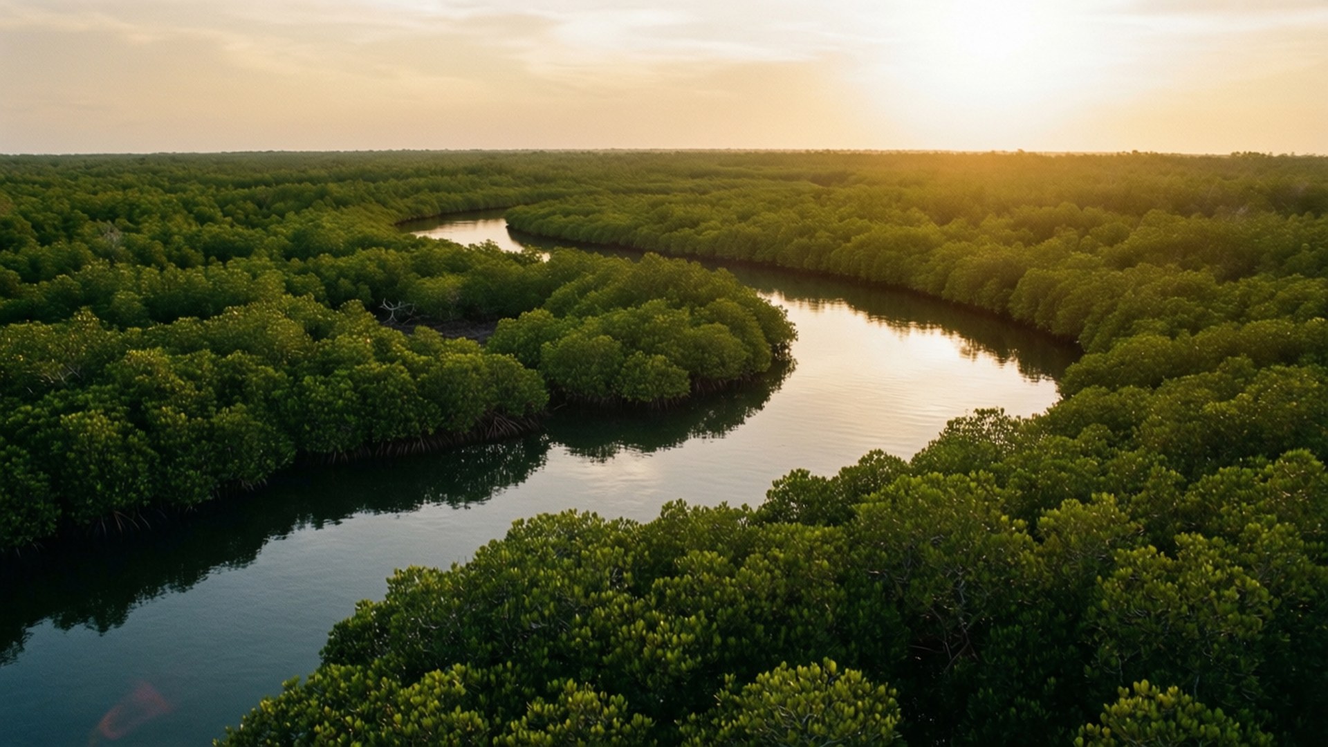 Niger Delta Mangroves 壁紙 — 一條蜿蜒的河流在金色日落時分穿過茂密的綠色紅樹林閃爍著光芒。