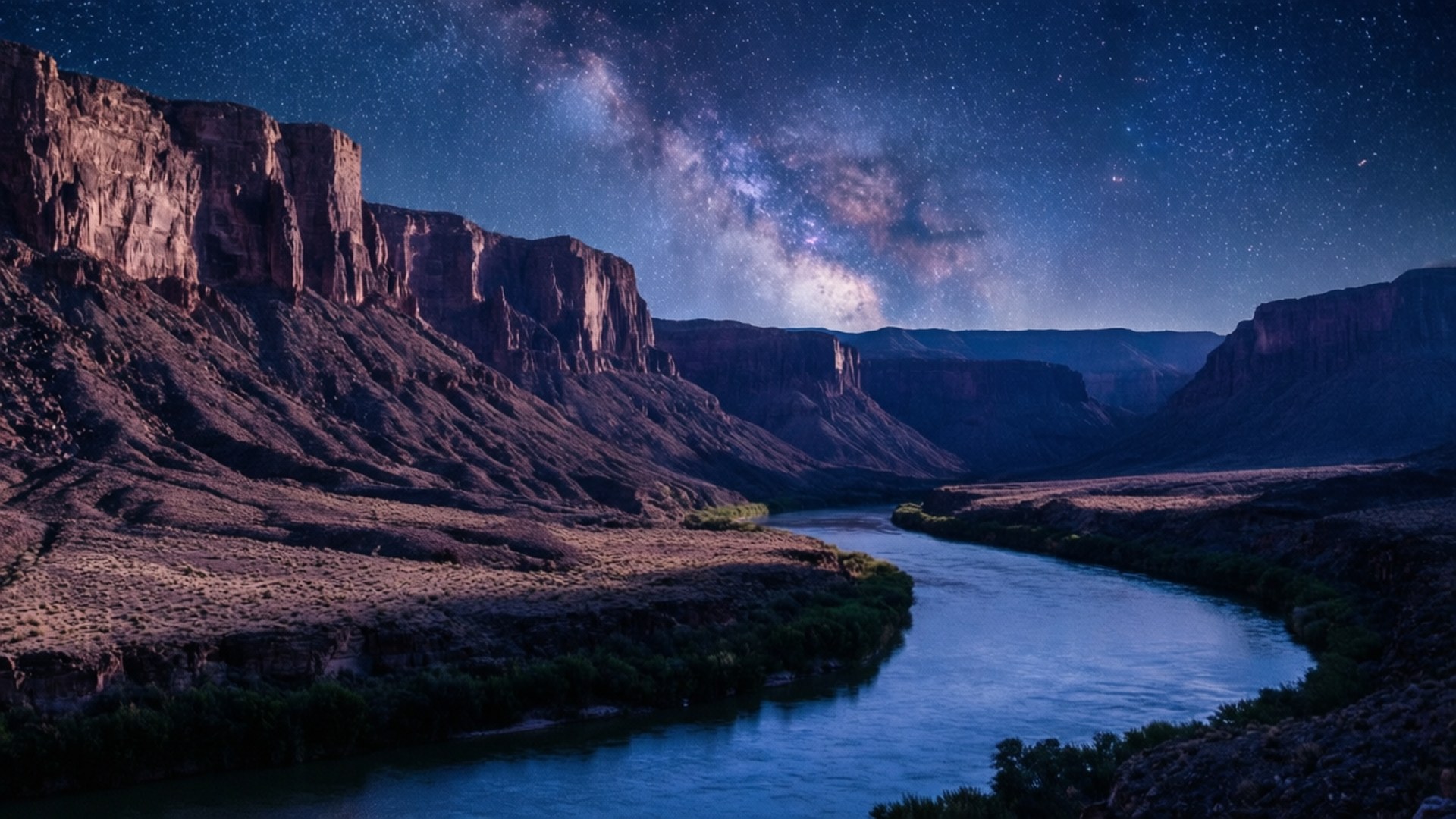 Big Bend Starry Night 壁紙 — 一條蜿蜒的河流在星空下閃耀，銀河在崎嶇的峽谷懸崖上拱起。