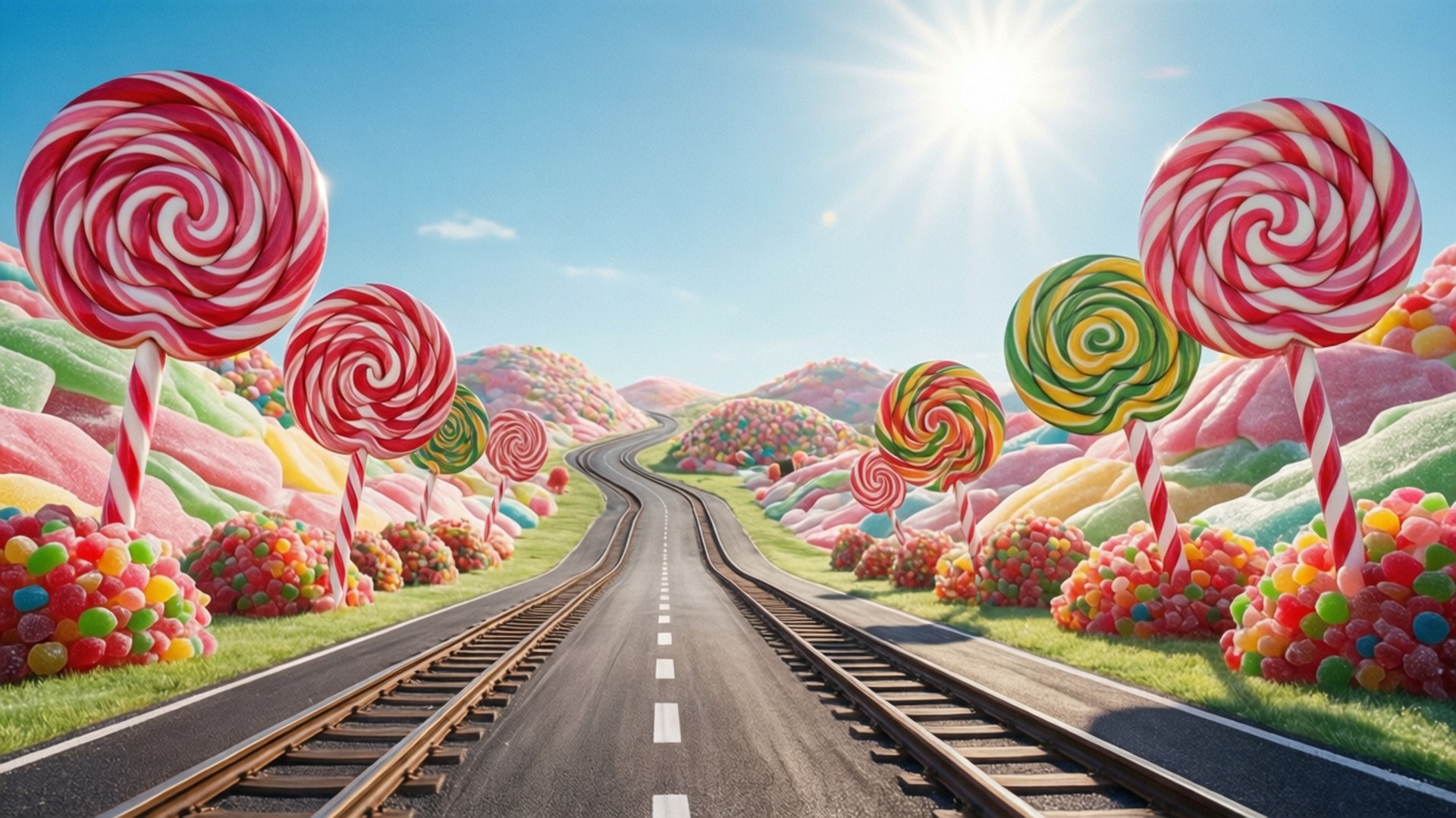 Sugar Rush Landscape 壁紙 — 一條蜿蜒的道路和火車軌道穿過一個超現實的景觀，充滿了巨大的彩色棒棒糖和糖果山丘，在明亮的陽光下。