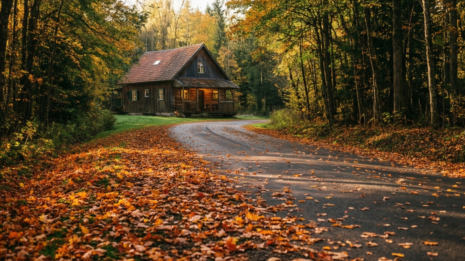 Cabin in the Woods 壁紙 — 一條蜿蜒的道路覆蓋著金色的秋葉，通往日落時分森林中一座舒適的木屋。