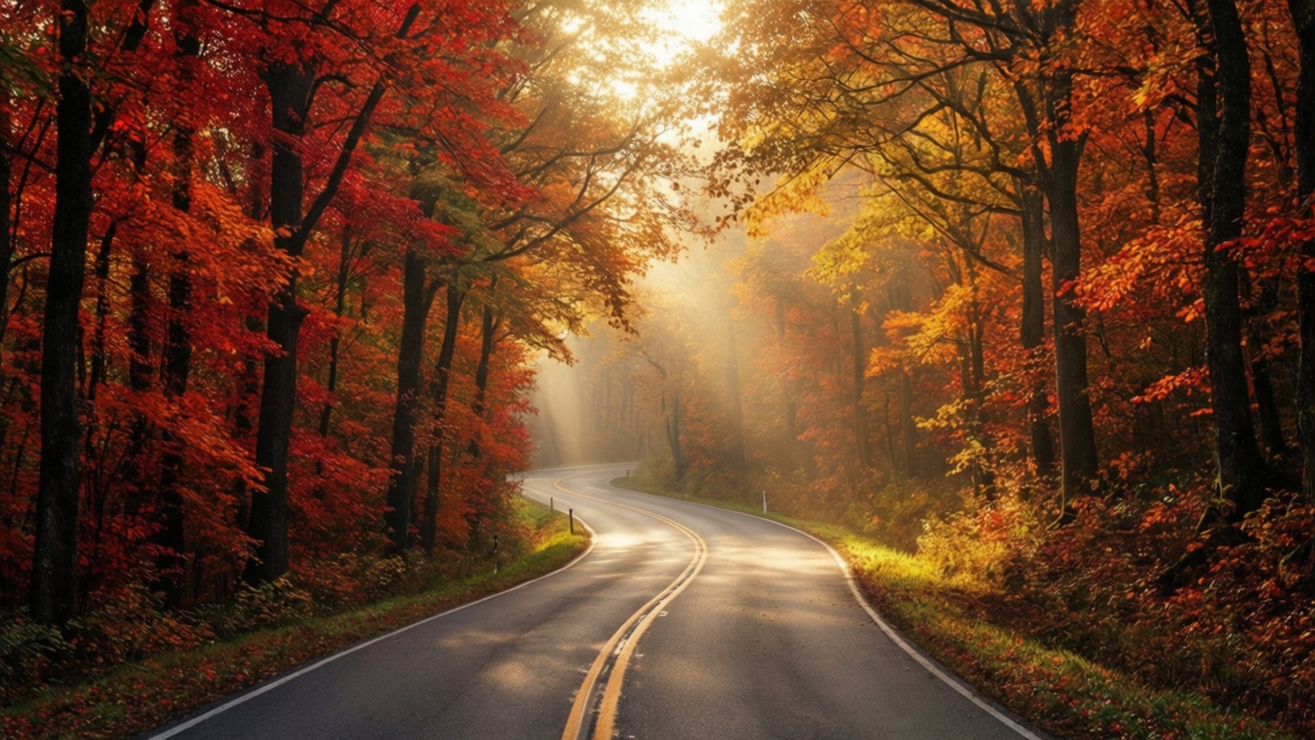 Autumn Road Through Forest 壁紙 — 一條蜿蜒的道路穿過茂密的森林，樹木呈現火紅和橙色的秋色，金色的陽光透過樹冠灑落。