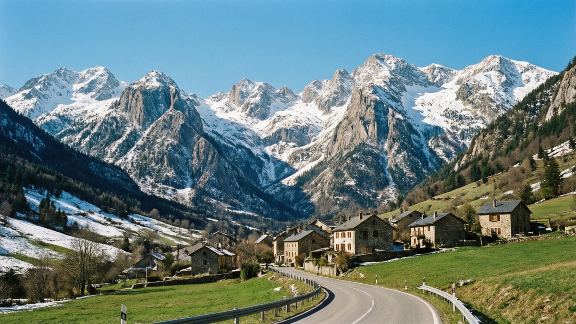 Pyrenees Snowy Peaks 壁紙 — 一條蜿蜒的道路穿過翠綠的山谷，經過石屋，背景是白雪覆蓋的山峰，在晴朗的藍天下高聳入雲。
