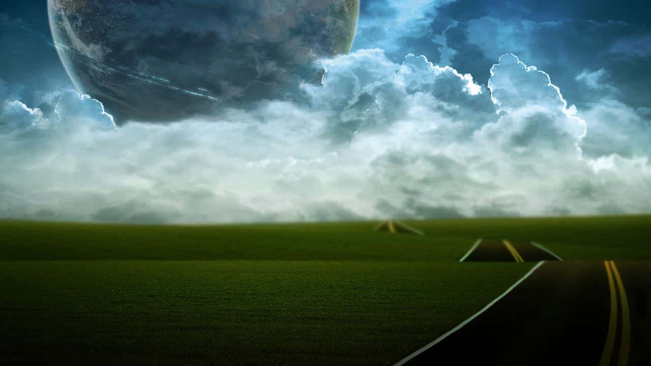 一條道路穿過綠色田野，上方是帶有巨大行星和雲朵的天空。 — 月光 壁紙