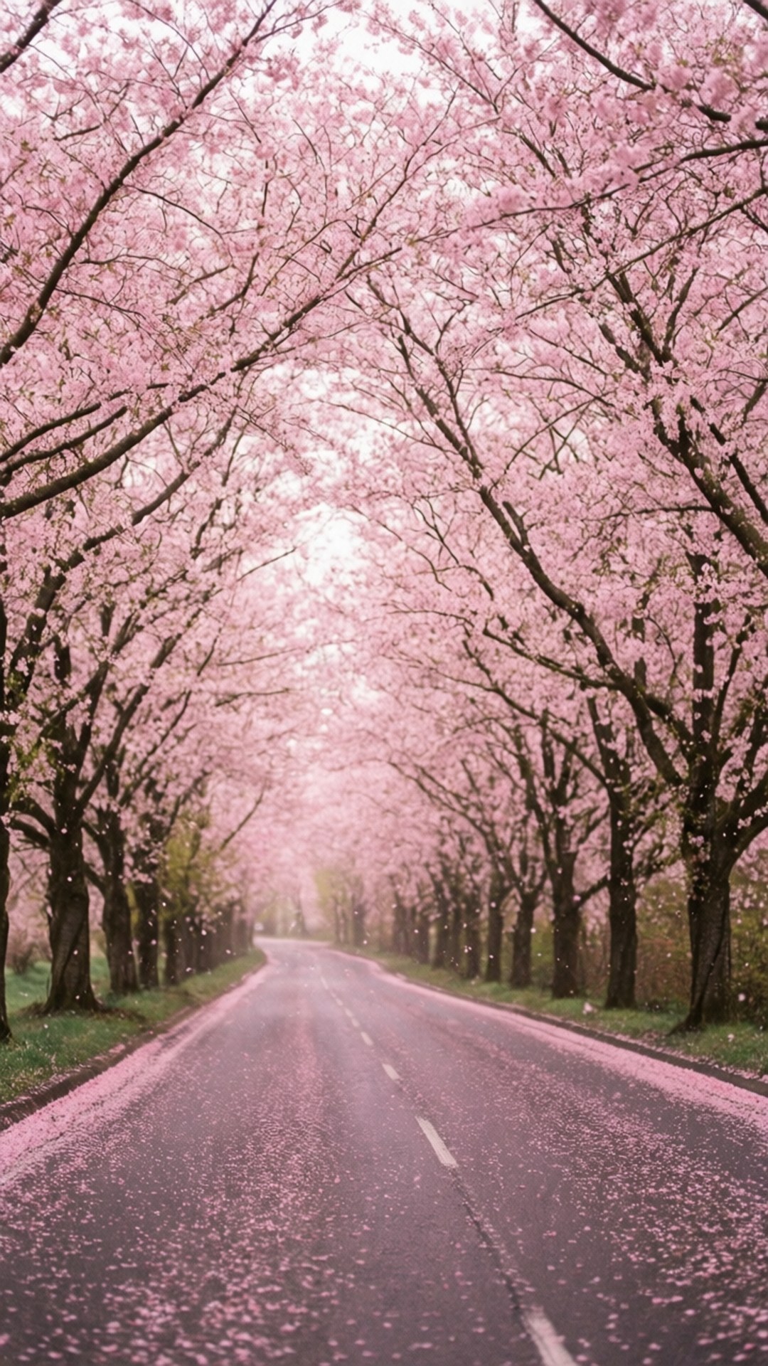 Blossom Tunnel 壁紙 — 一條蜿蜒的道路被粉紅色櫻花樹冠環繞，花瓣飄落在瀝青路面上。