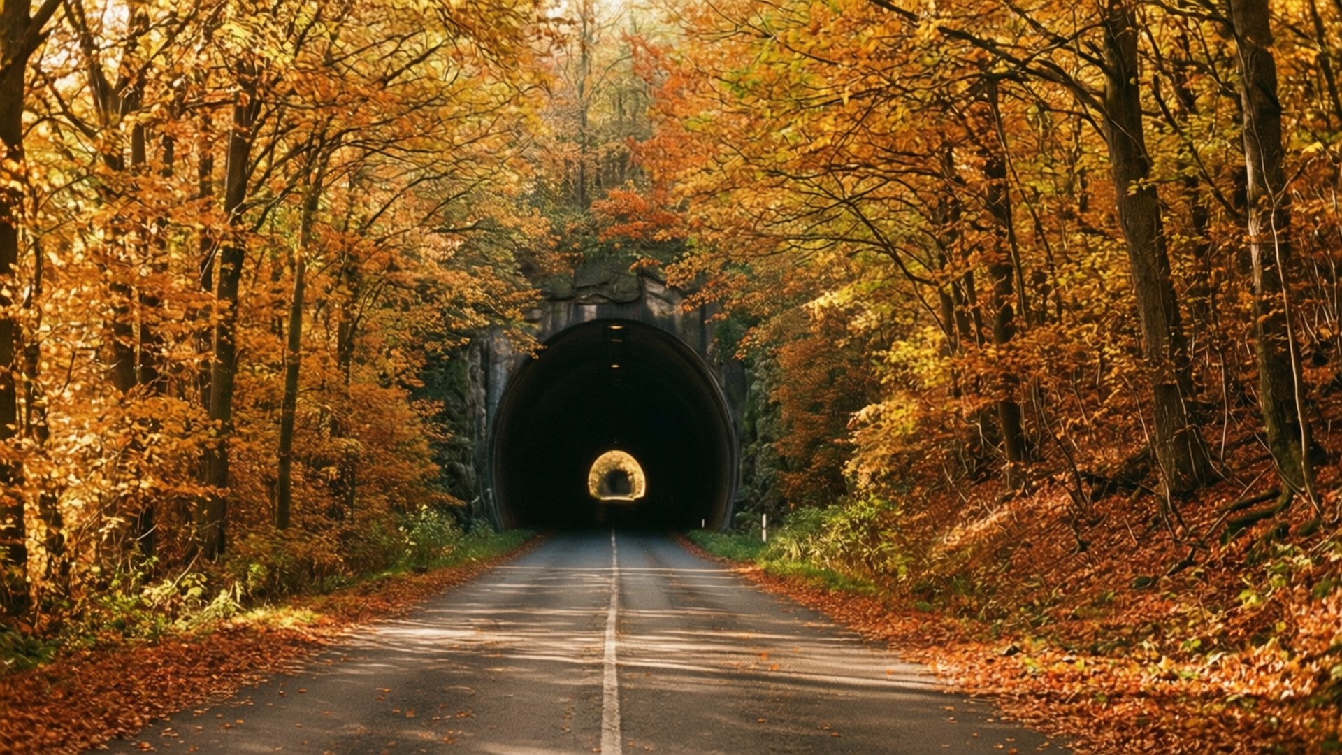 Autumn Road Tunnel 壁紙 — 一條蜿蜒的道路兩旁種滿了金色的秋樹，通向一個黑暗的石隧道，前方有一個發光的出口。