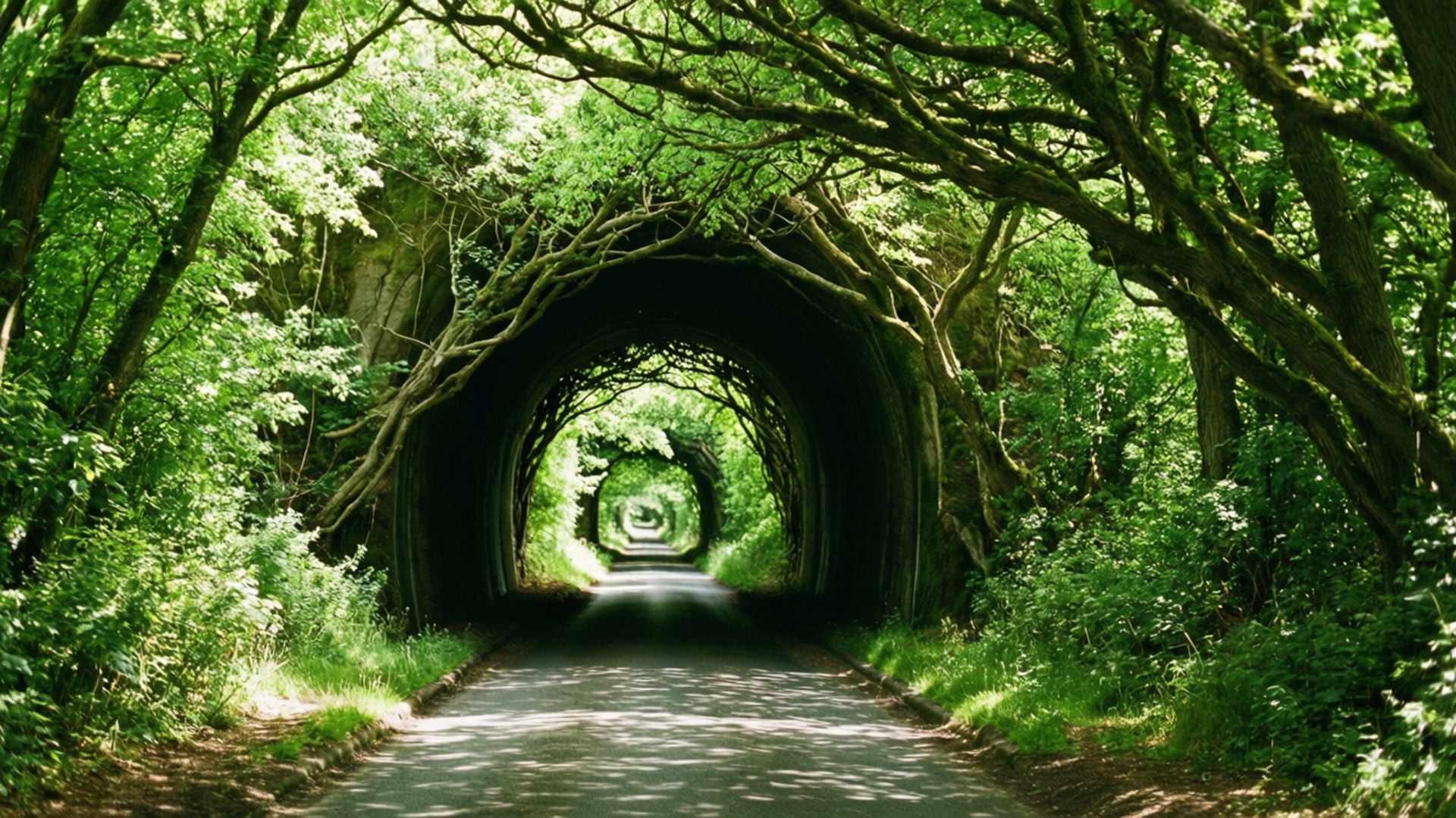 Green Tunnel Path 壁紙 — 一條蜿蜒的道路穿過由交織的樹枝和茂密綠葉形成的天然隧道。