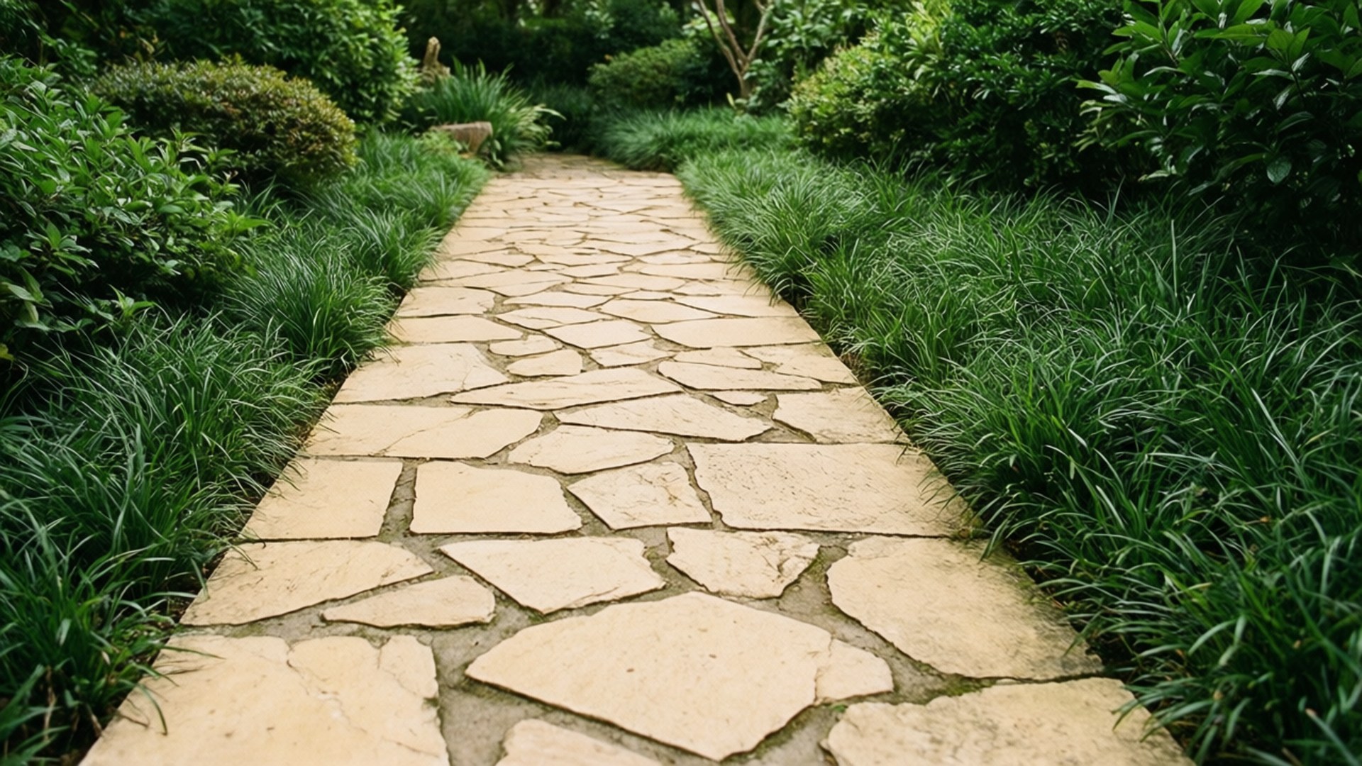 Beige Garden Path 壁紙 — 一條蜿蜒的石徑，鋪著不規則的米色石頭，蜿蜒穿過茂密的綠草和濃密的樹葉。