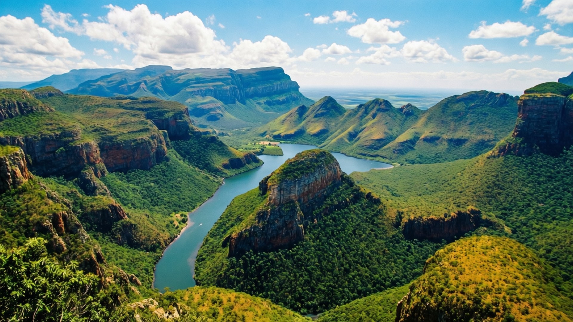 Blyde River Canyon Vista 壁紙 — 一條蜿蜒的碧綠河流穿過鬱鬱蔥蔥的綠色山谷，兩旁是崎嶇的懸崖，上方是明亮的藍天和蓬鬆的白雲。