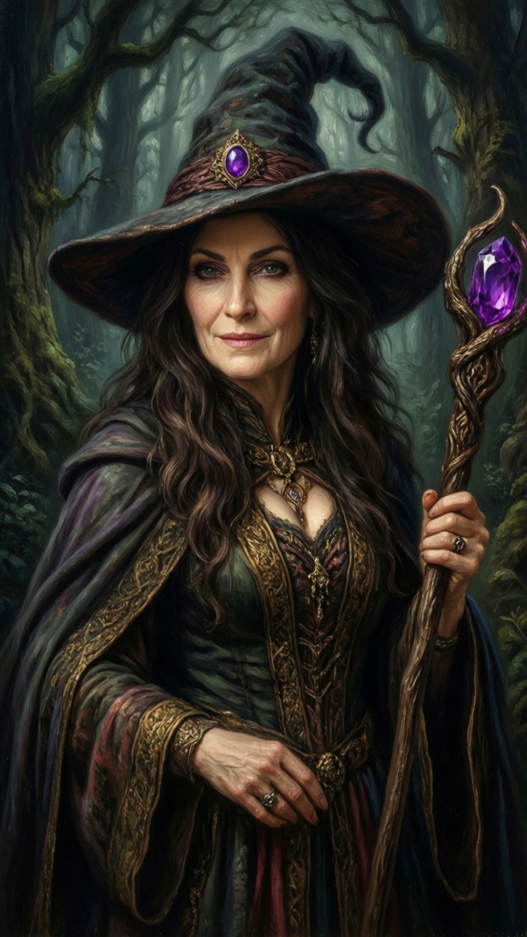 Medieval Witch 壁紙 — 一位聰明的女巫，長長的黑髮，戴著高高的尖頂帽，在迷霧森林中手持一根頂端鑲有發光紫色寶石的法杖。