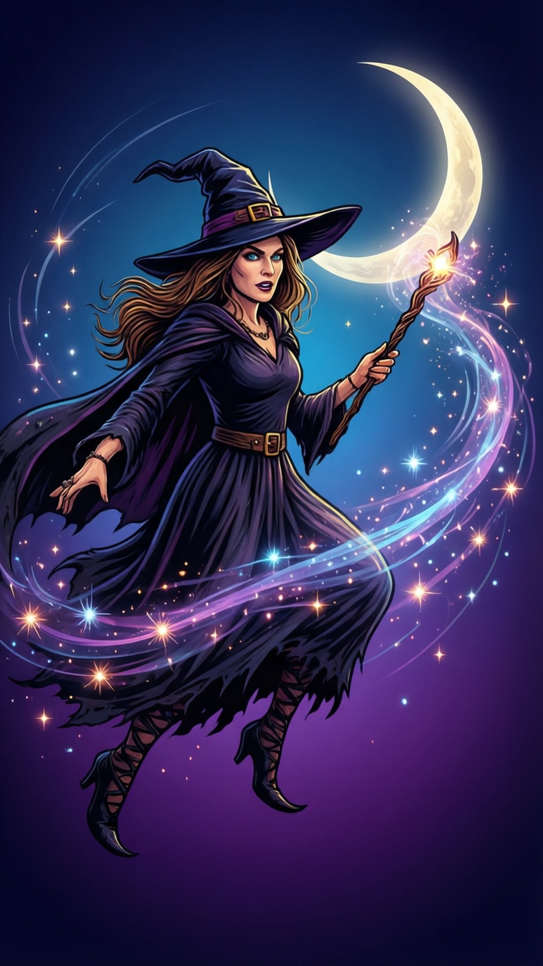 Witch Free 桌布 壁紙 — 一位身穿紫色長袍和帽子的女巫，在星夜中飛翔，手持發光法杖，新月之下。