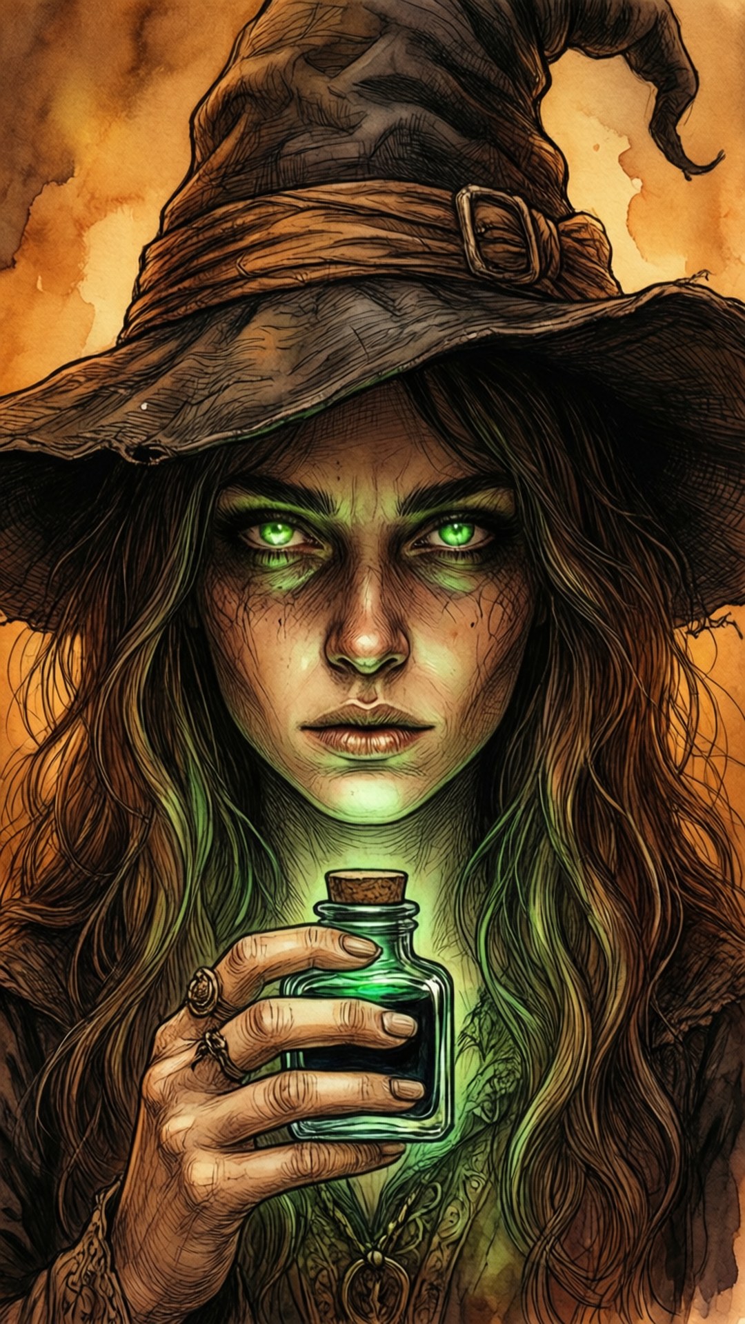 Witch Hat Atelier 桌布 壁紙 — 一個擁有發光綠色眼睛和尖帽子的女巫，在熾熱的橙色背景下拿著一個發光的藥水瓶。