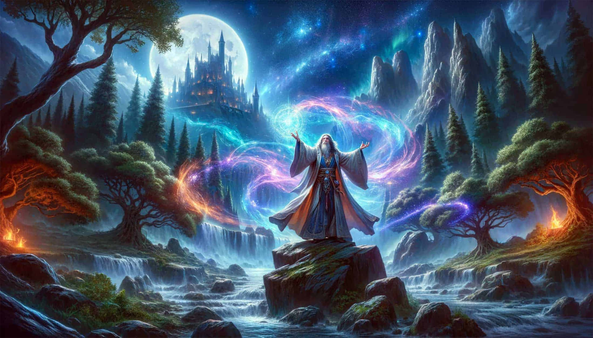  壁紙 — 一位巫師站在岩石上，在滿月下召喚旋轉的宇宙能量，遠處的山上有一座城堡。
