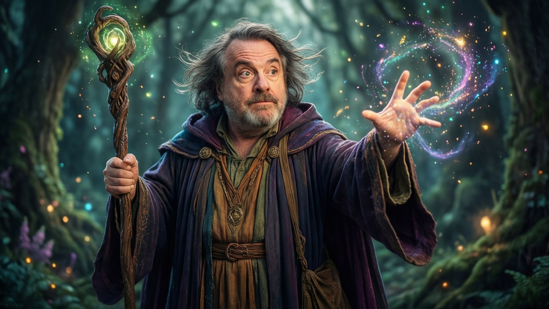 Wizard Devito 壁紙 — 一位頭髮狂野、手持發光法杖的巫師，在神秘森林中召喚出旋轉的宇宙咒語。