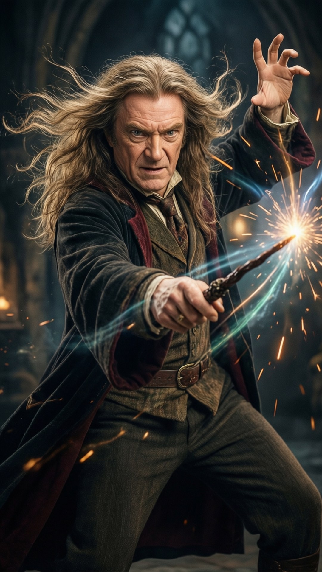 gilderoy lockhart 桌布 壁紙 — 一位頭髮狂野的巫師在黑暗的哥德式大廳中，用發光的魔杖在飛舞的火花中施展法術。