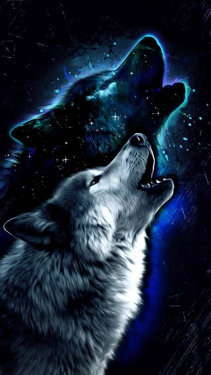  壁紙 — 一隻狼向上嚎叫，其剪影與充滿星星和藍色能量軌跡的發光宇宙星雲融為一體。