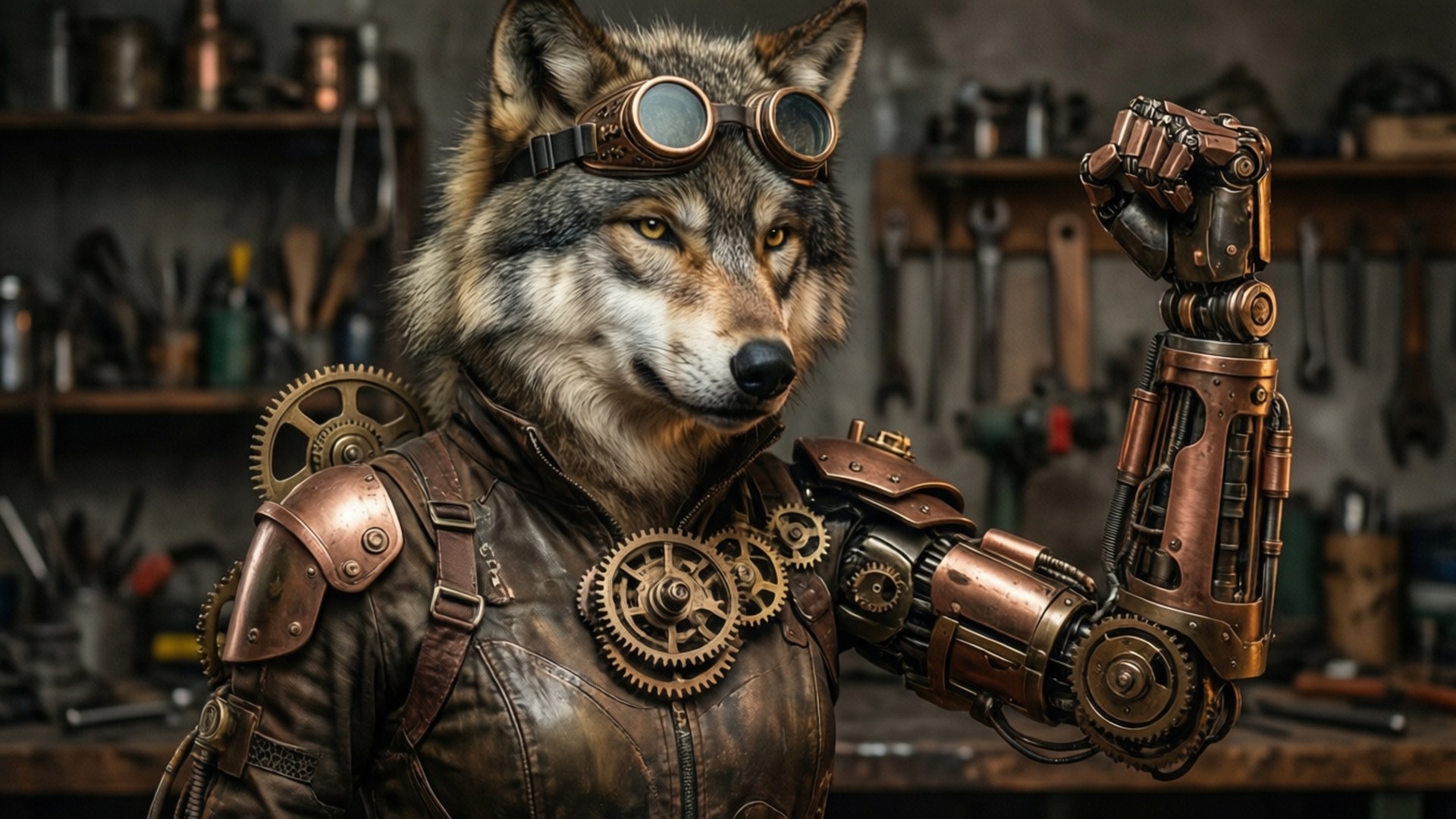 Steam Wolf 壁紙 — 一隻戴著護目鏡和銅色蒸氣龐克盔甲的狼，在雜亂的工作室中彎曲機械手臂。