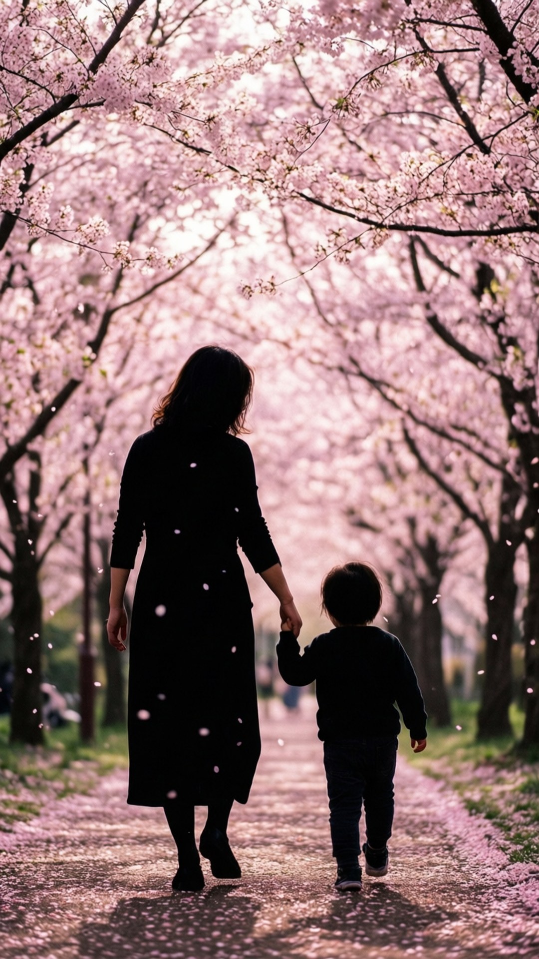 Mother and Child 壁紙 — 一位女士和一個孩子手牽手走在一條兩旁開滿粉紅色櫻花樹的小徑上，花瓣在他們周圍飄落。