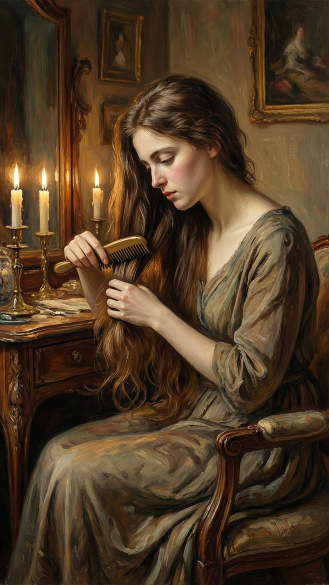 Combing the Hair 壁紙 — 一位長長棕色頭髮的女性坐在木椅上，在燭光下梳理頭髮，身處復古房間。