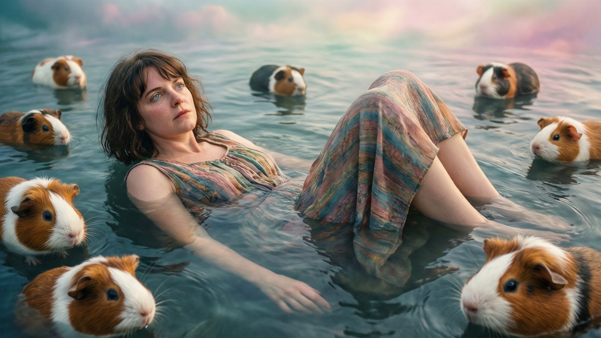 Dreamlike Guinea Pig Float 壁紙 — 一位女士在平靜的水面上安詳地漂浮，周圍有許多天竺鼠在附近游泳。