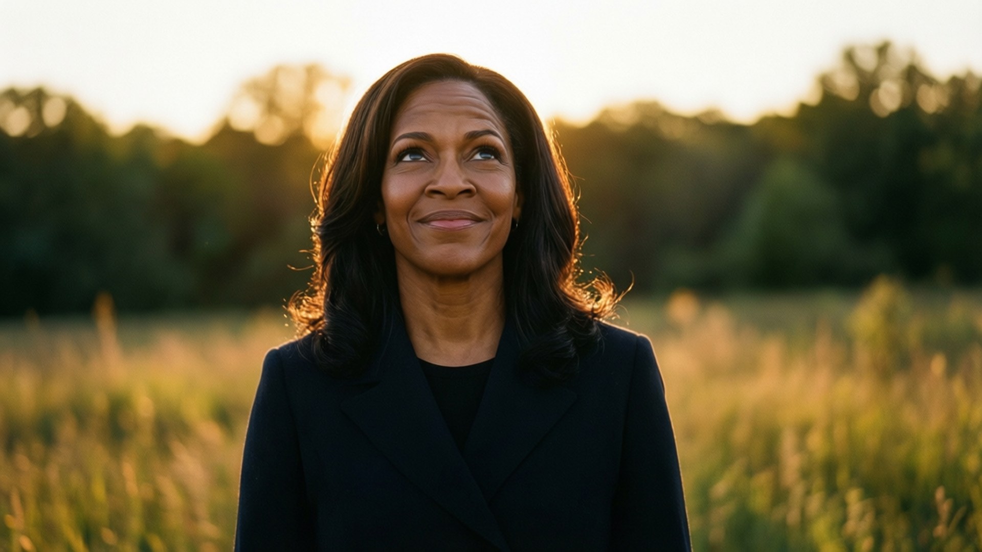 Kamala Harris 桌布 壁紙 — 一位身穿黑色西裝外套的女性在黃金時段站在陽光照耀的田野中，帶著平靜的微笑向上凝視。